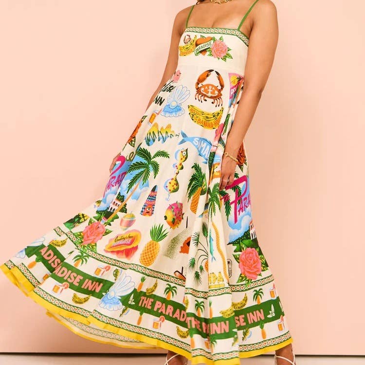 Suspender Maxi Dress Beach Print