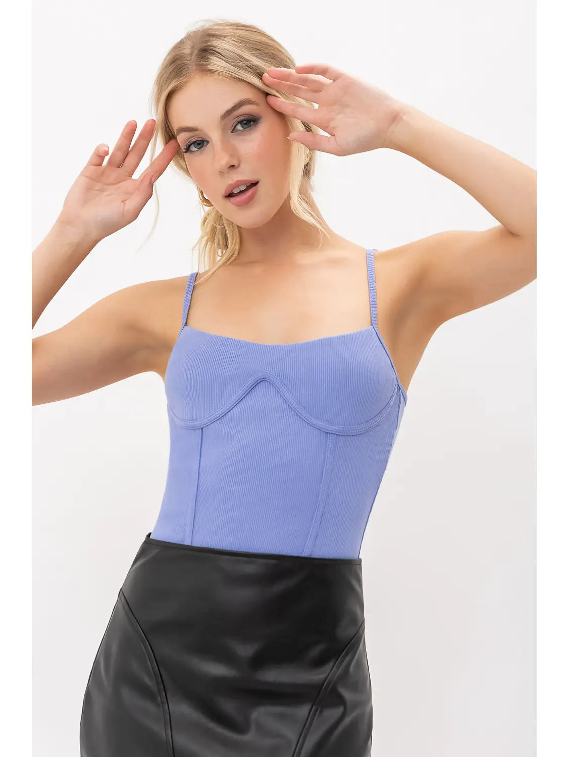 Hey Babe Knit Ribbed Contour Cami Bodysuit Periwinkle