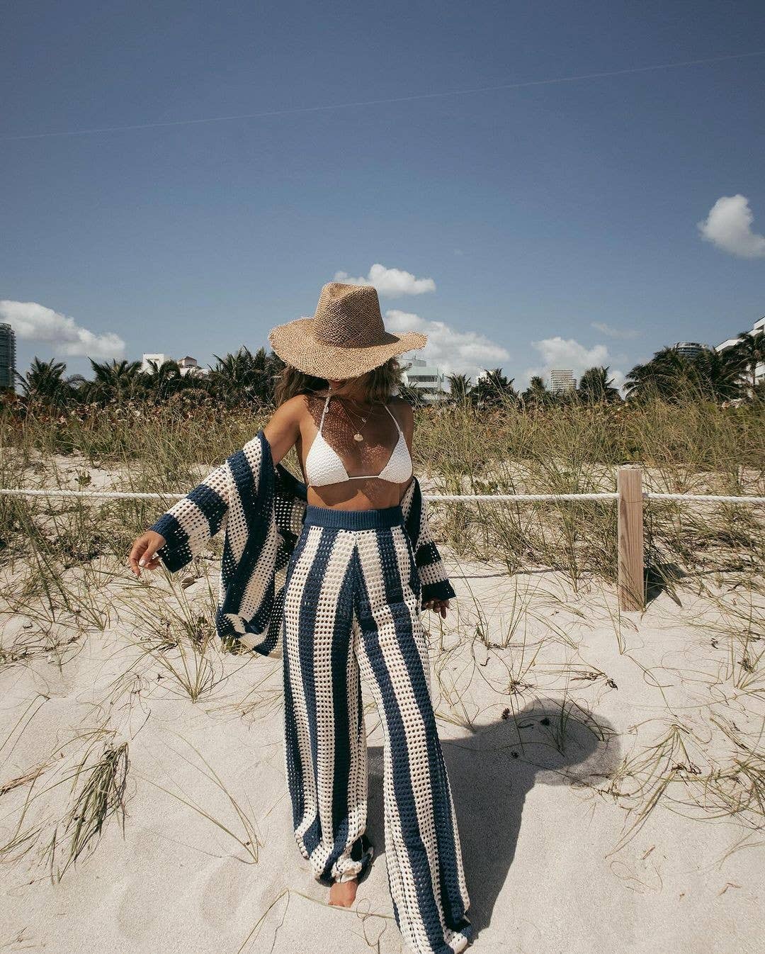 Cover Up Button-Up Tops with Pants Crochet Set