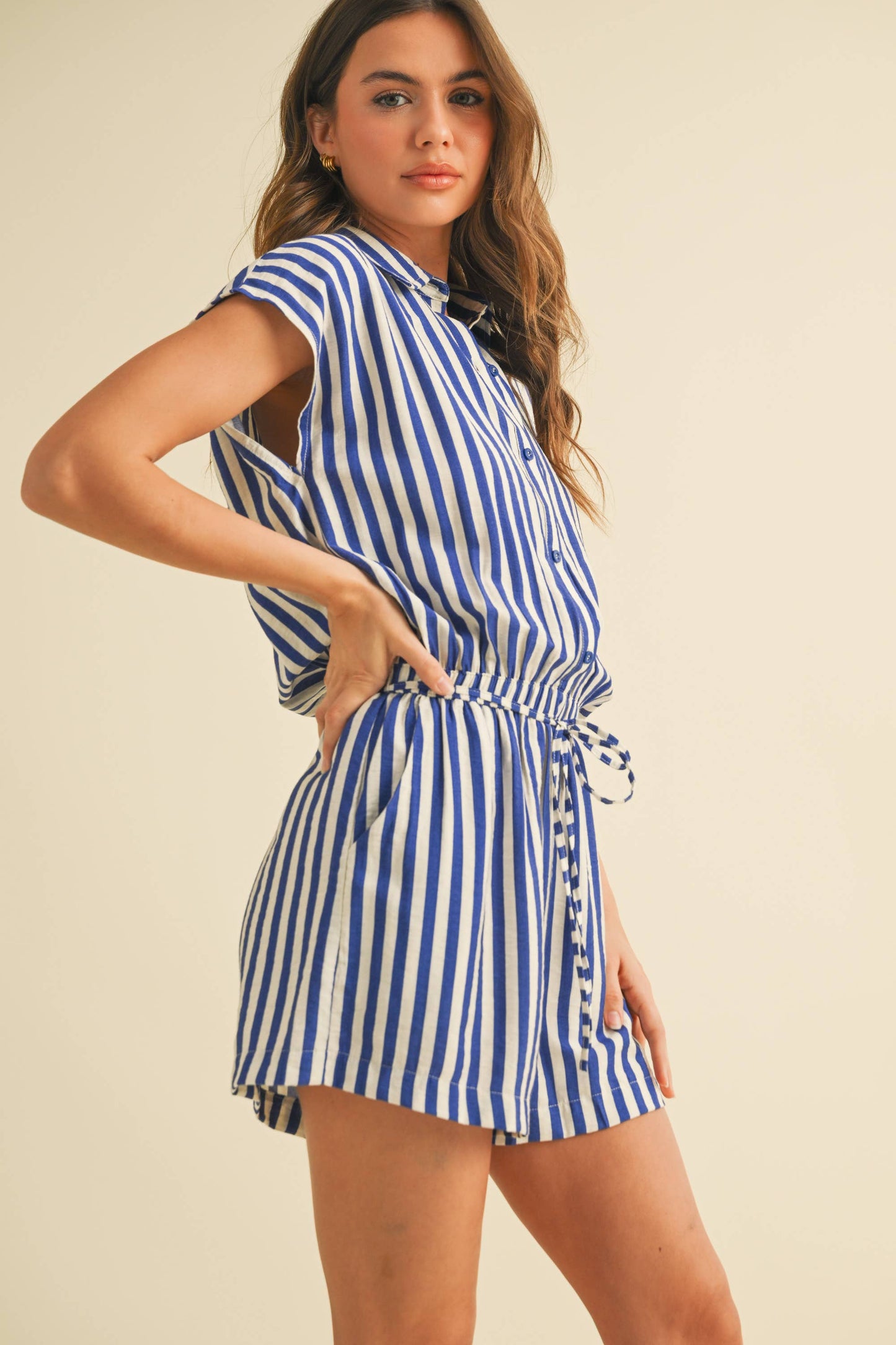 Striped Short Sleeve Button Down Romper