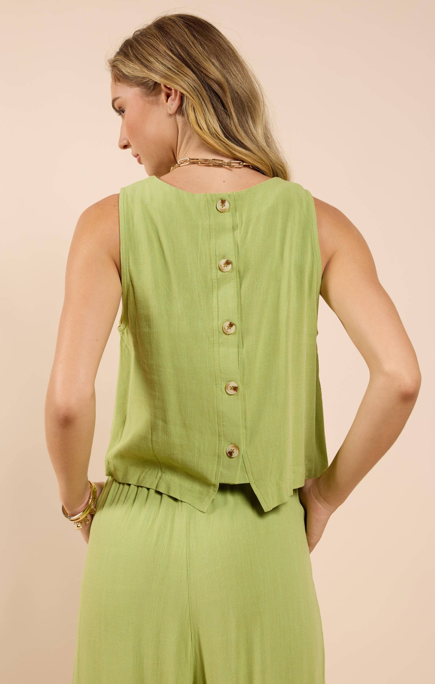 Avocado Linen Tank W Button Up Back
