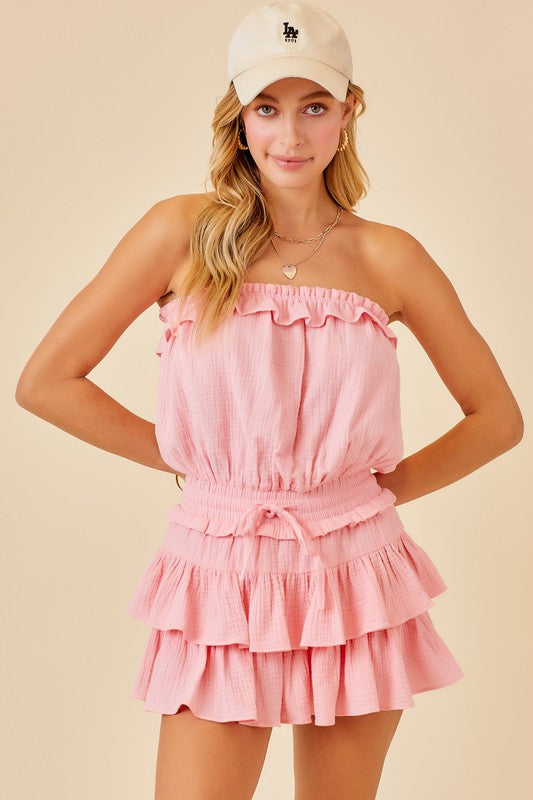 Apricot Strapless Ruffle Detail Romper Dress - DM