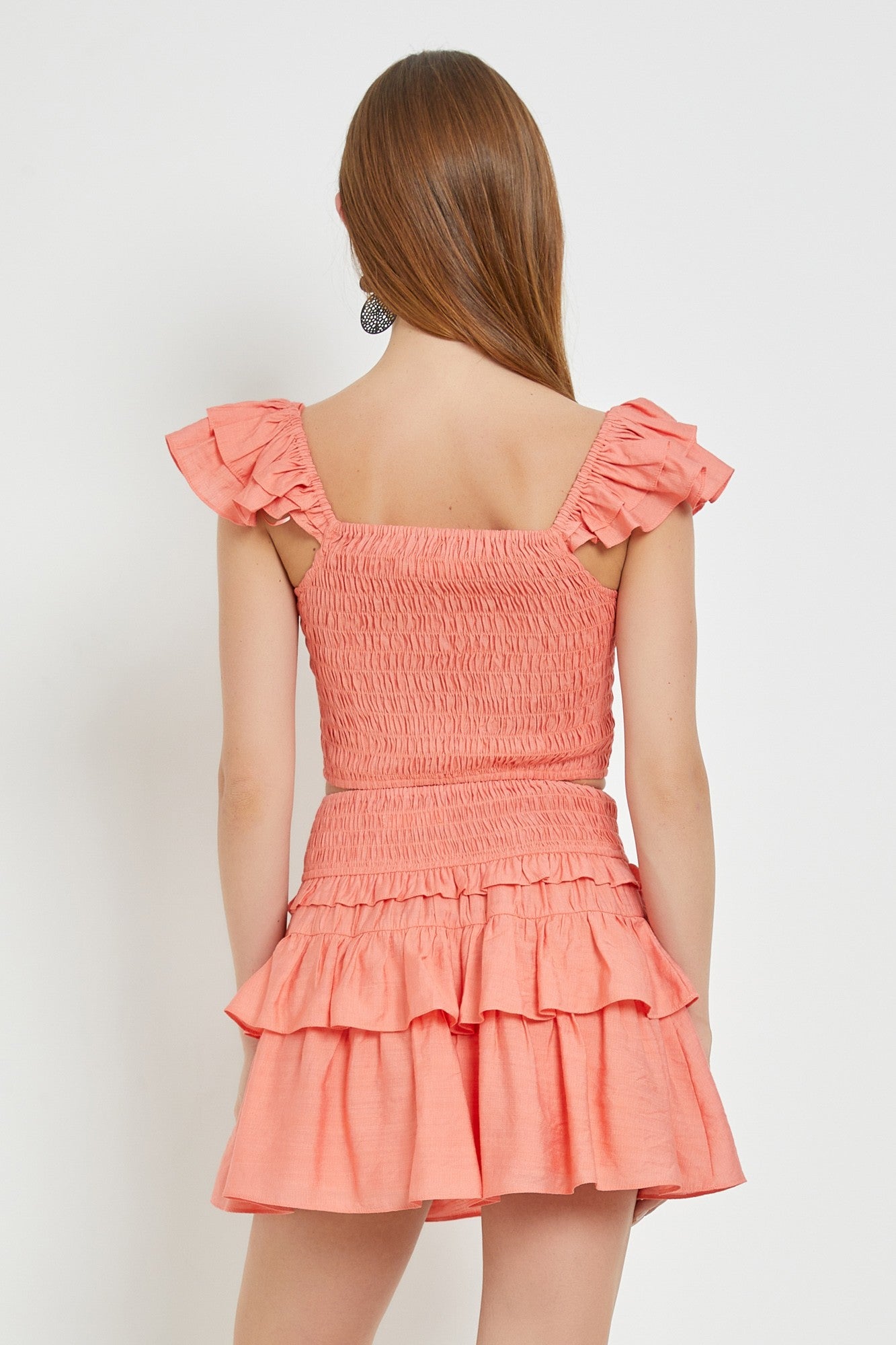 Papaya Smocked Ruffle Shoulder Tank Top