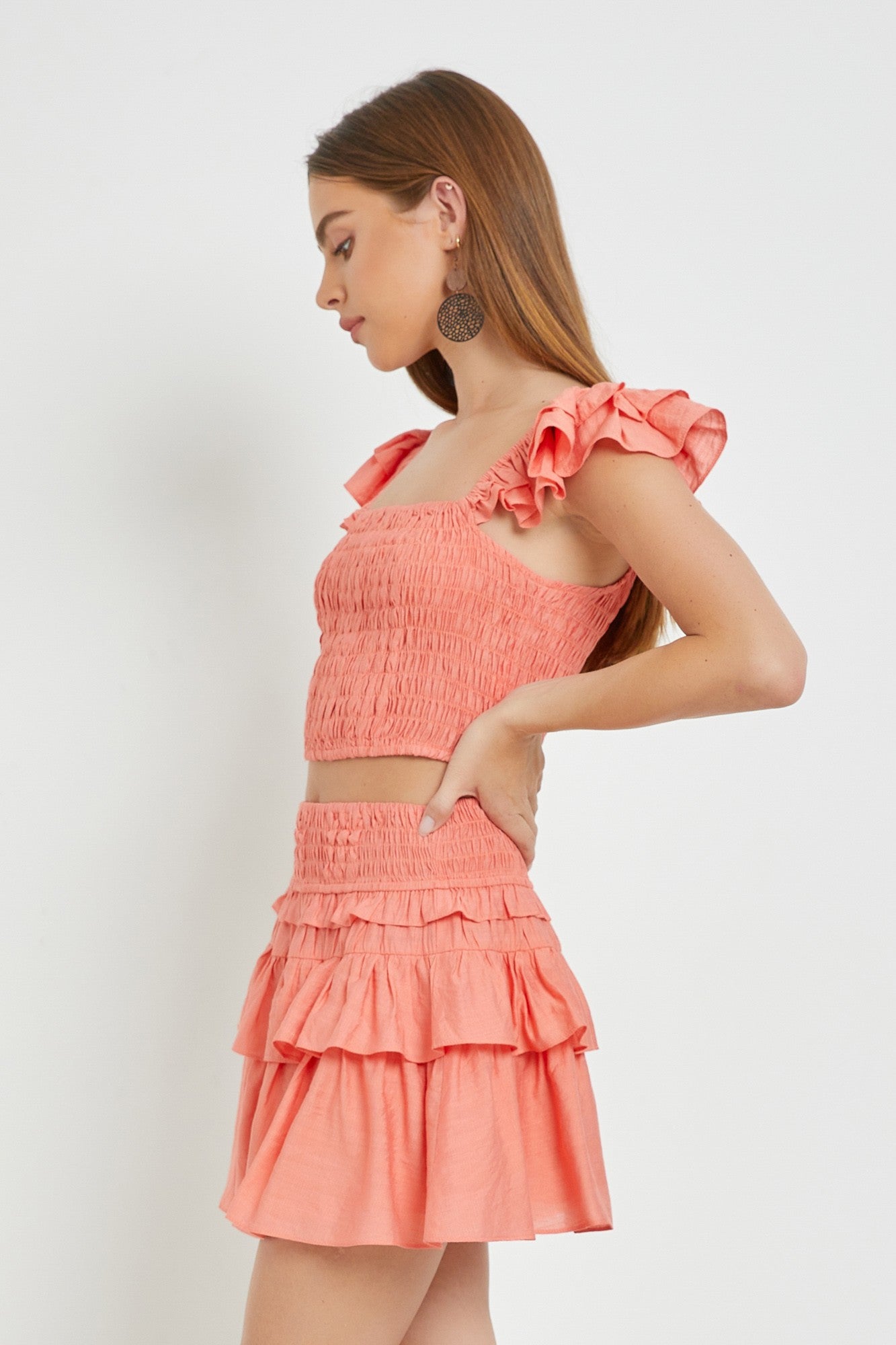 Papaya Smocked Ruffle Shoulder Tank Top