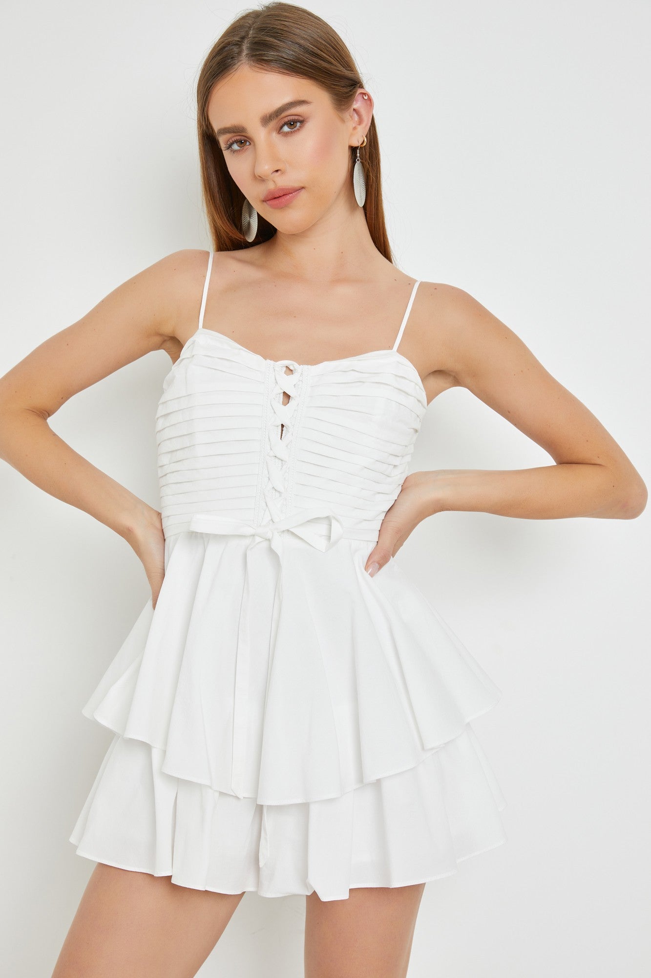 MS White Pleated Bodice Lace Up Romper