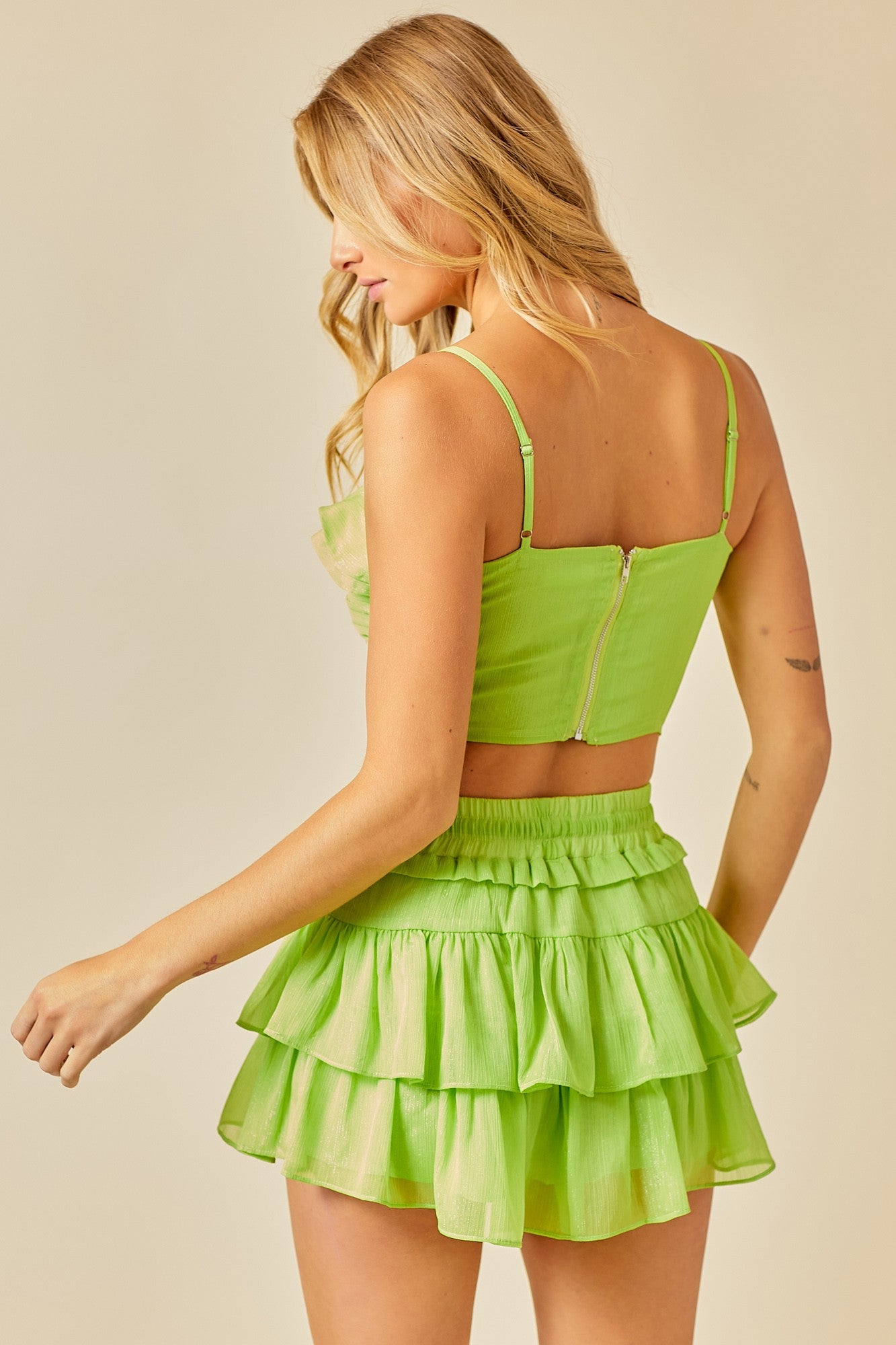 Lurex Double Ruffle Ruched Crop Top - DM