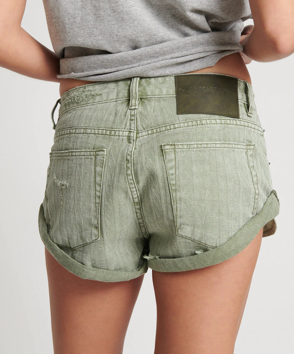 Khaki Logo Jacquard Low Waist Bandit Denim Short - ONE TEASPOON