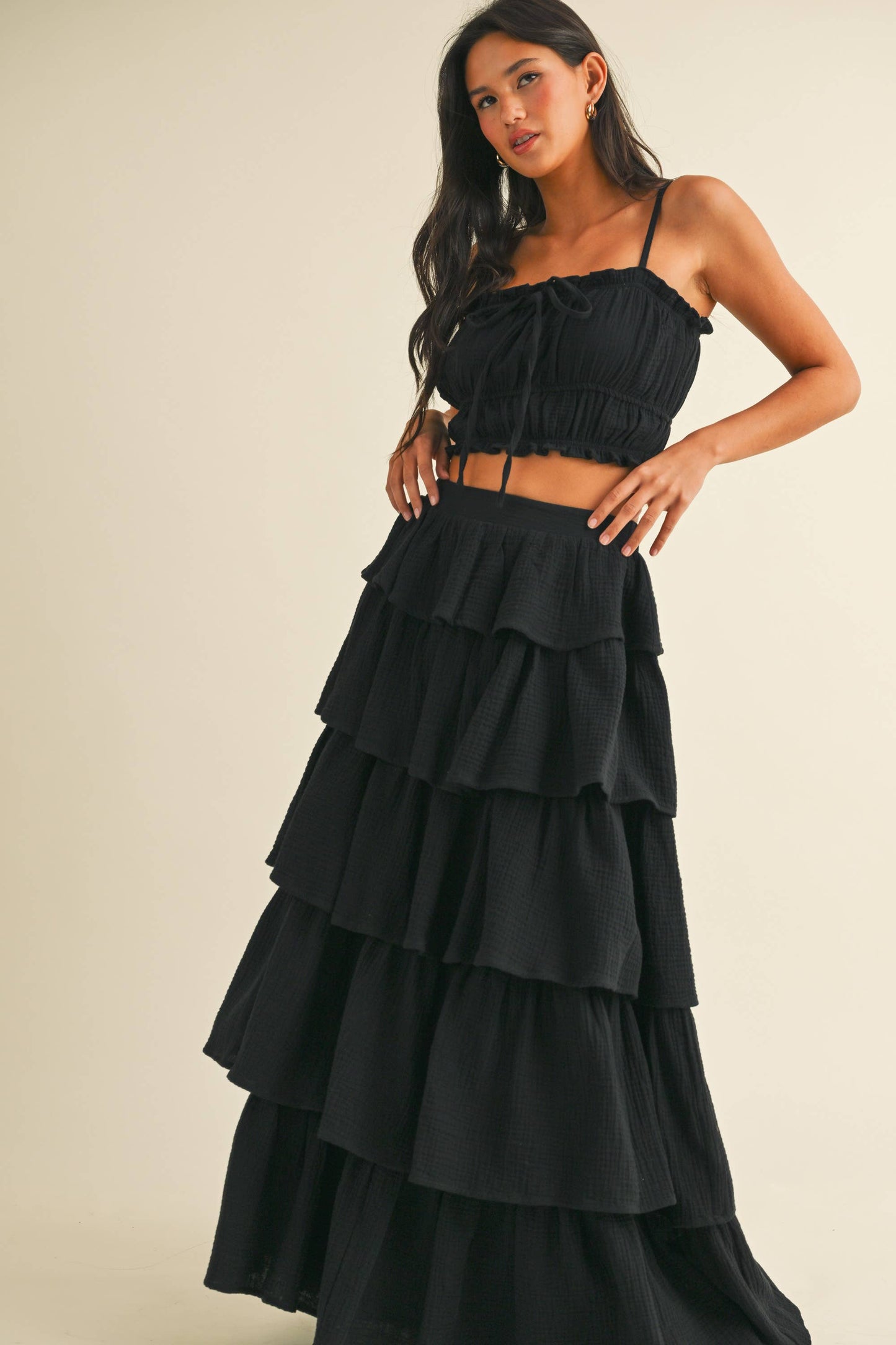 Black Gauze Ruffled Tiered Maxi Skirt