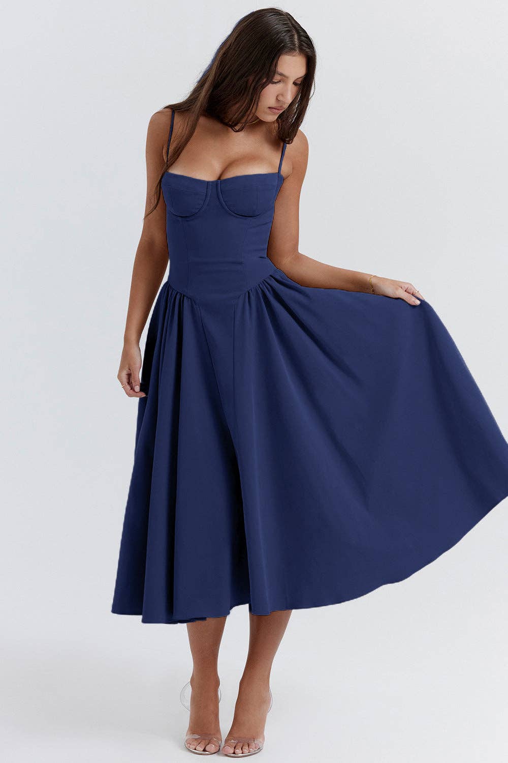 String Shoulder Solid Blue Women's Dress