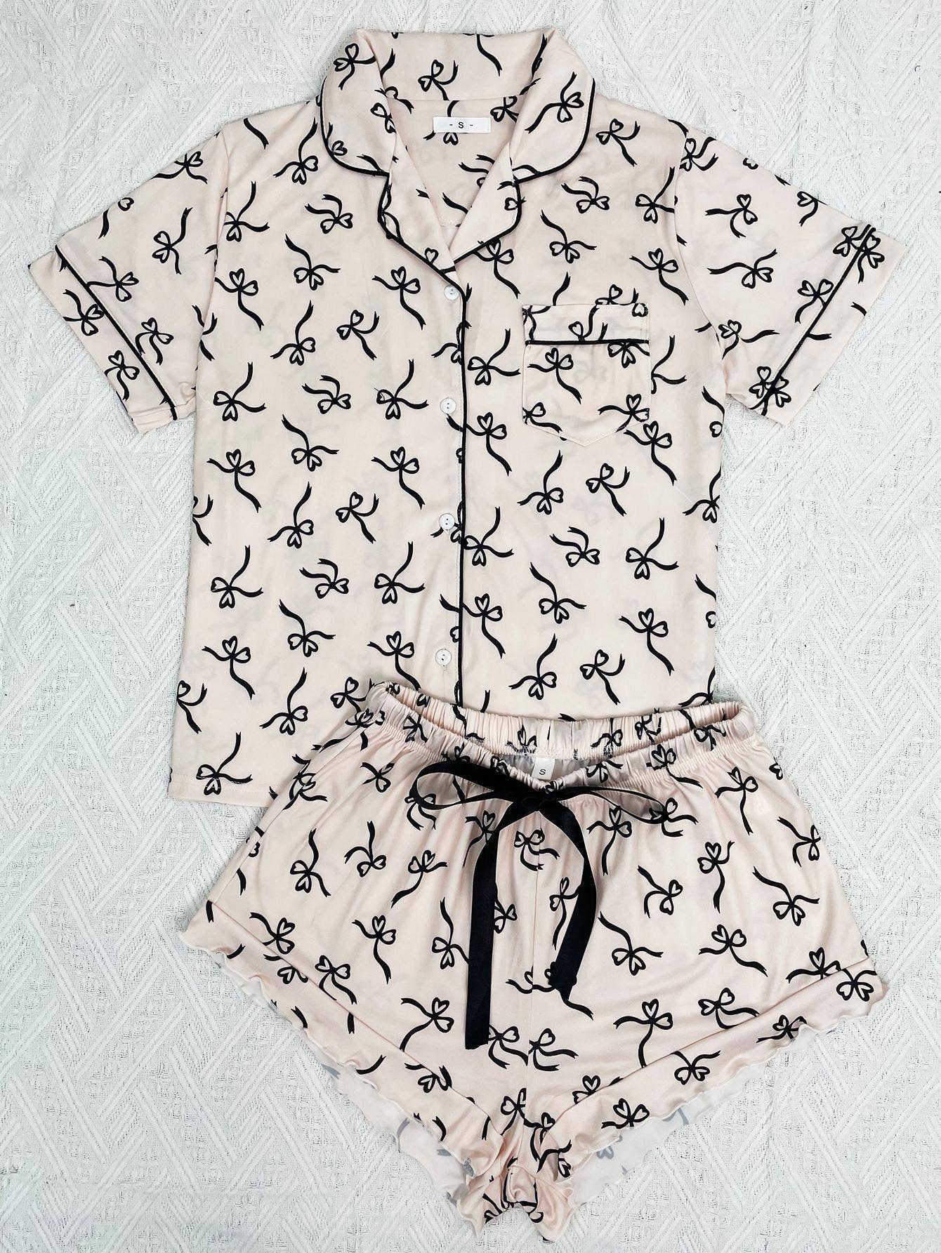 Bow Printed Short-Sleeve Shorts Pajama Set