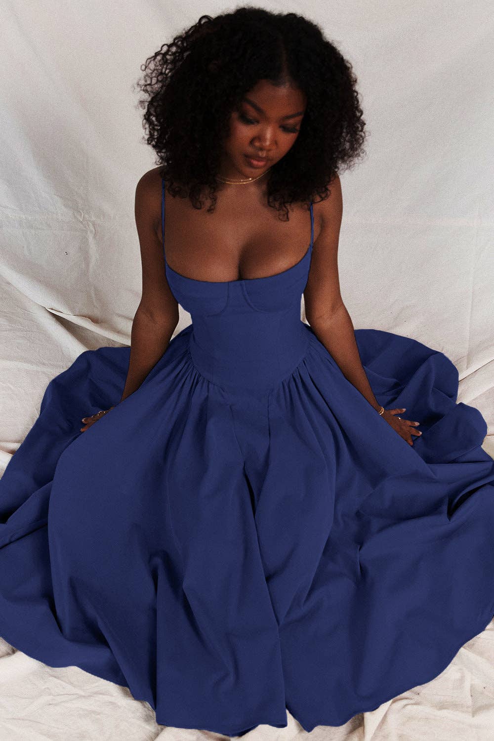 String Shoulder Solid Blue Women's Dress
