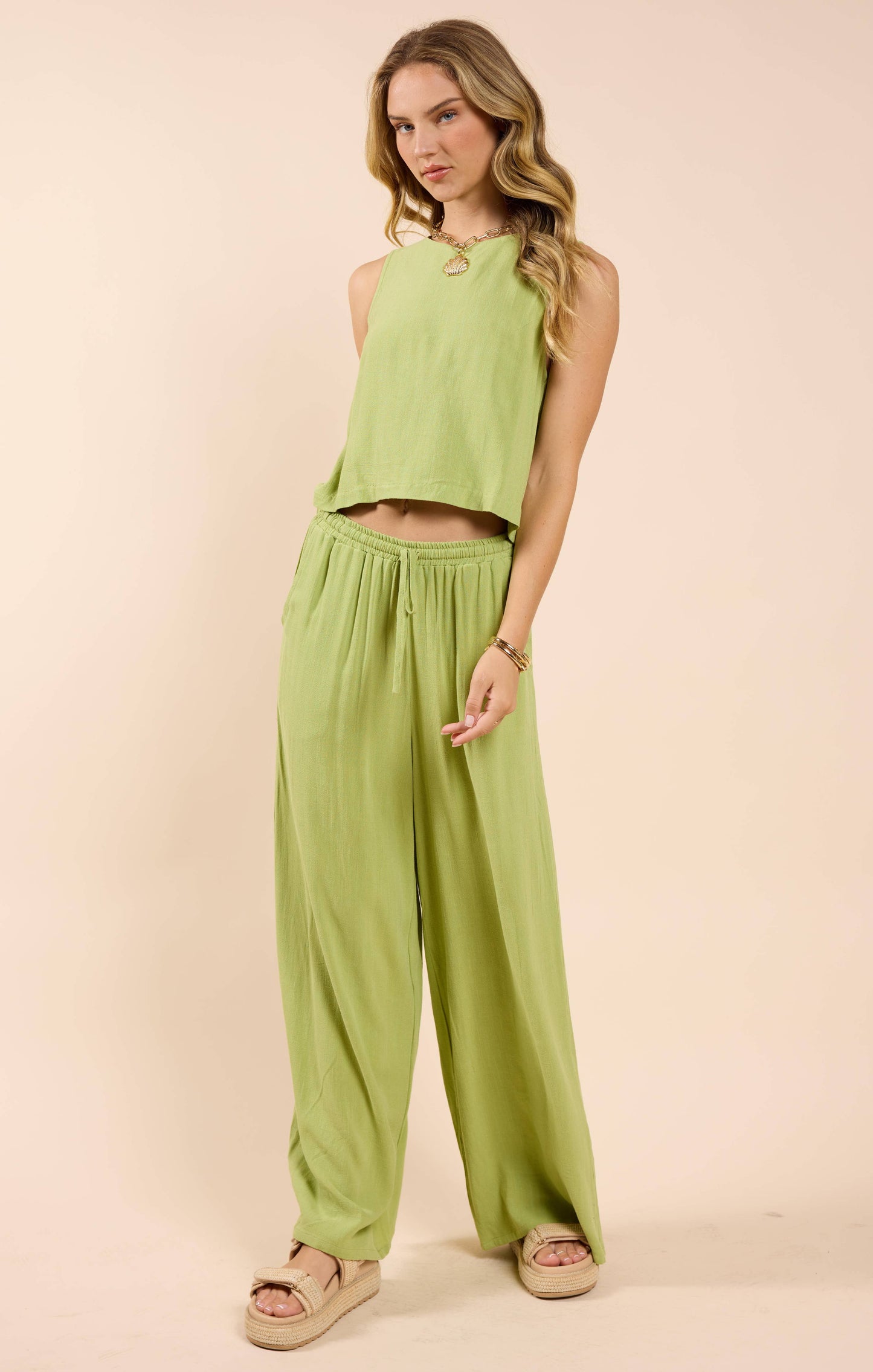 Avocado Linen Tank W Button Up Back