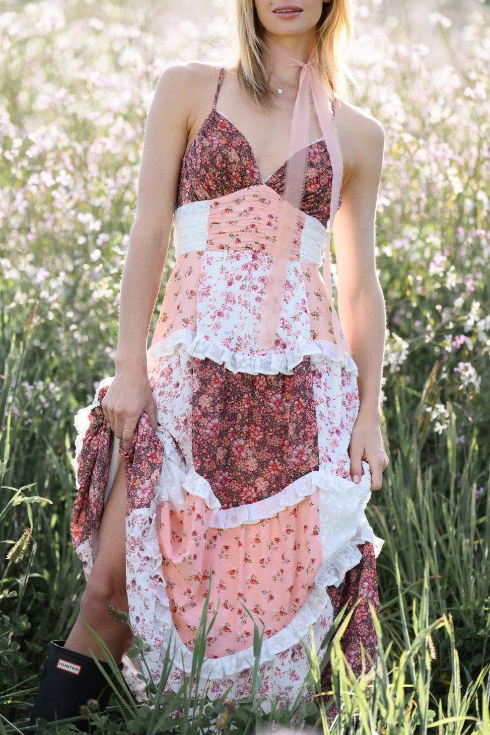 Cottagecore Patchwork Tiered Floral Maxi Dress