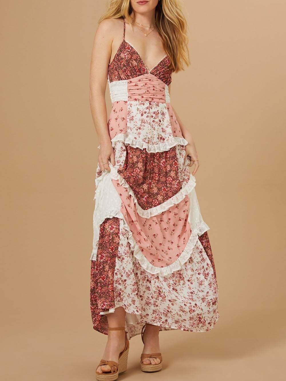 Cottagecore Patchwork Tiered Floral Maxi Dress