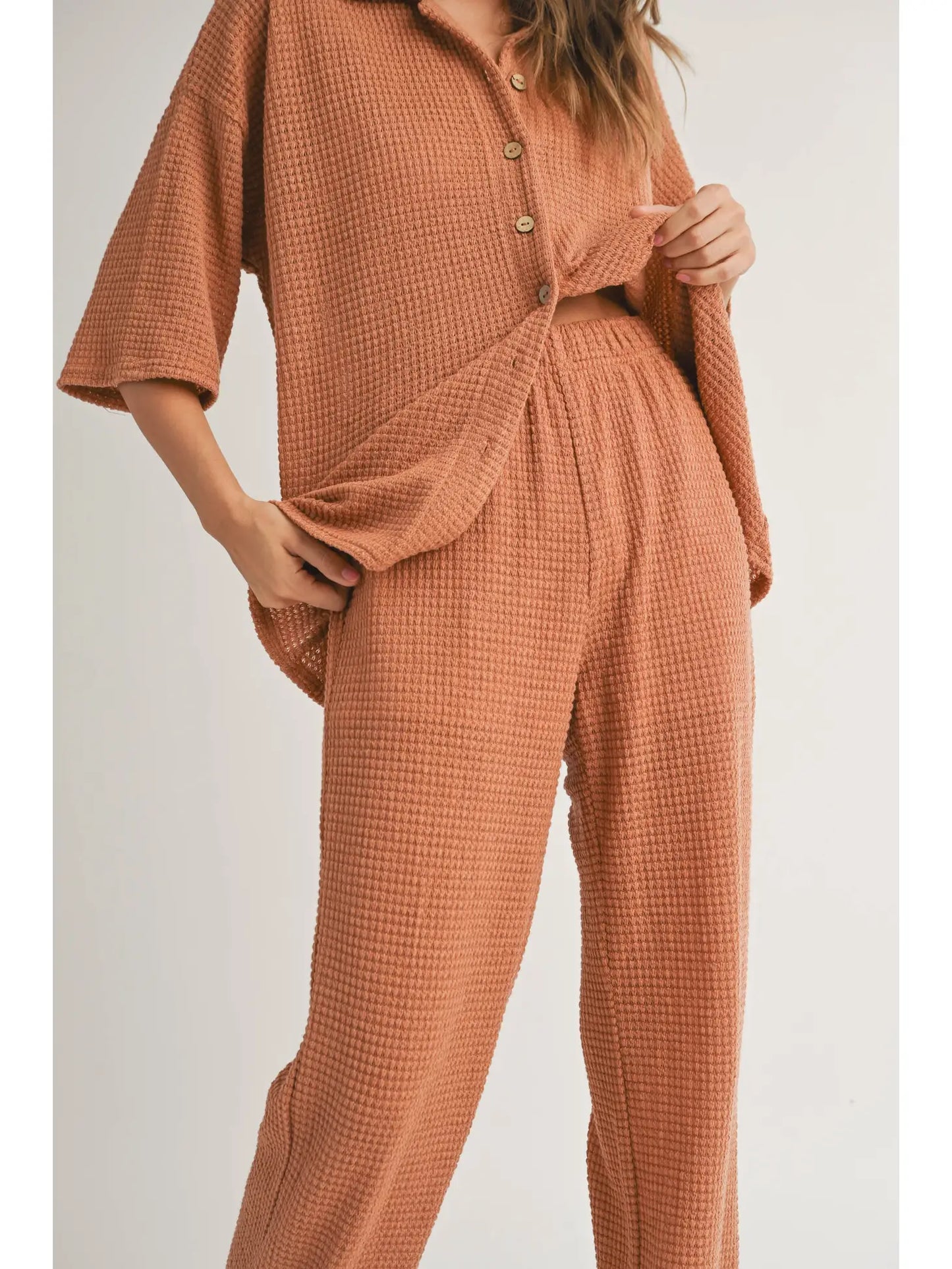 Clay Waffled Fabric Knitted Pants