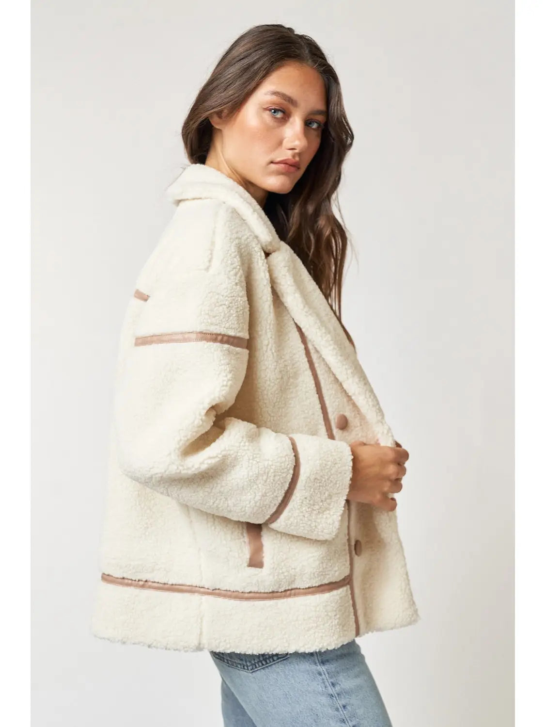 Faux Fur Jacket With Pu Binding Details