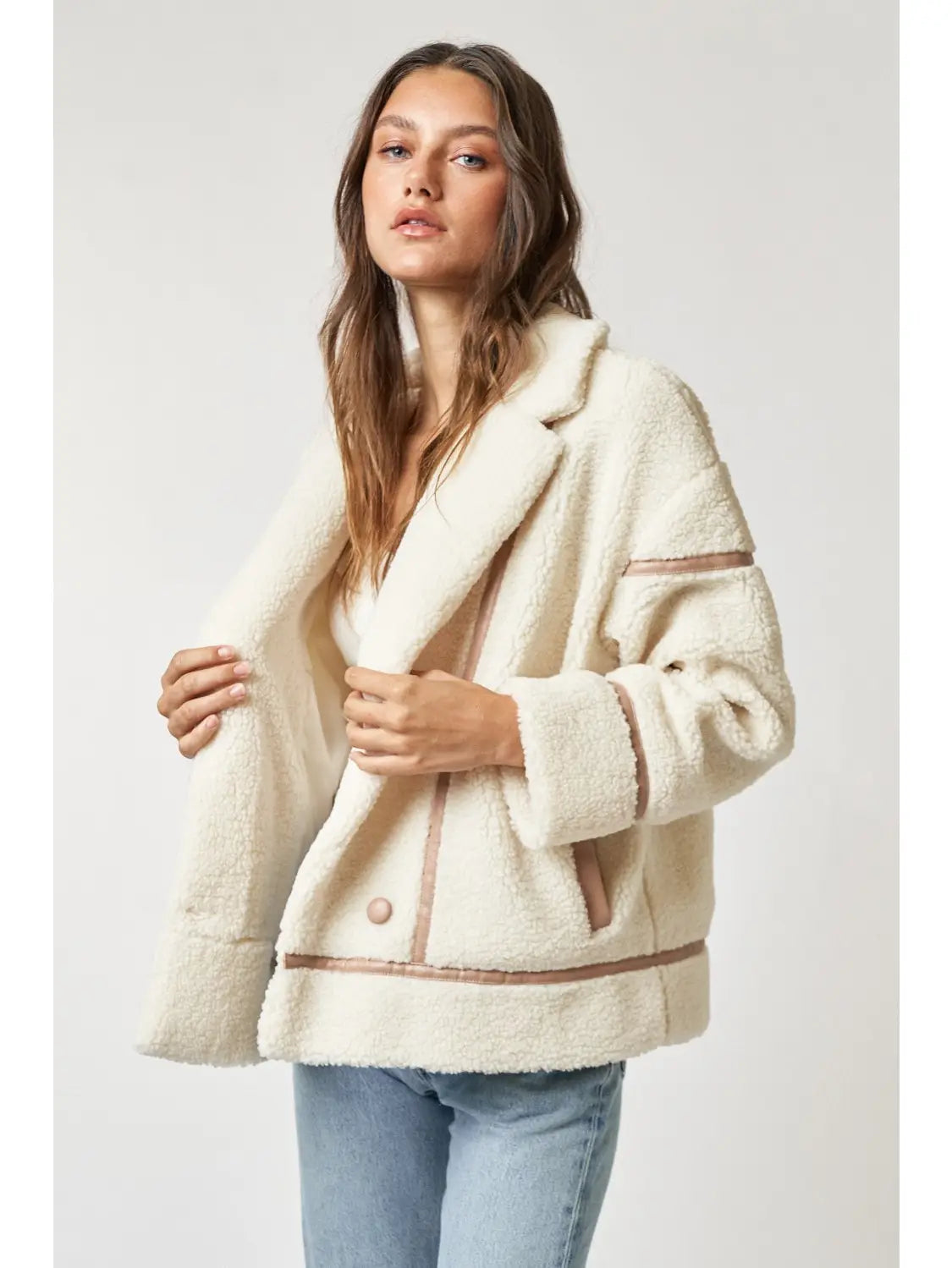 Faux Fur Jacket With Pu Binding Details