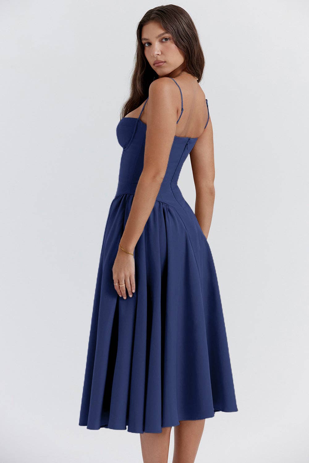 String Shoulder Solid Blue Women's Dress