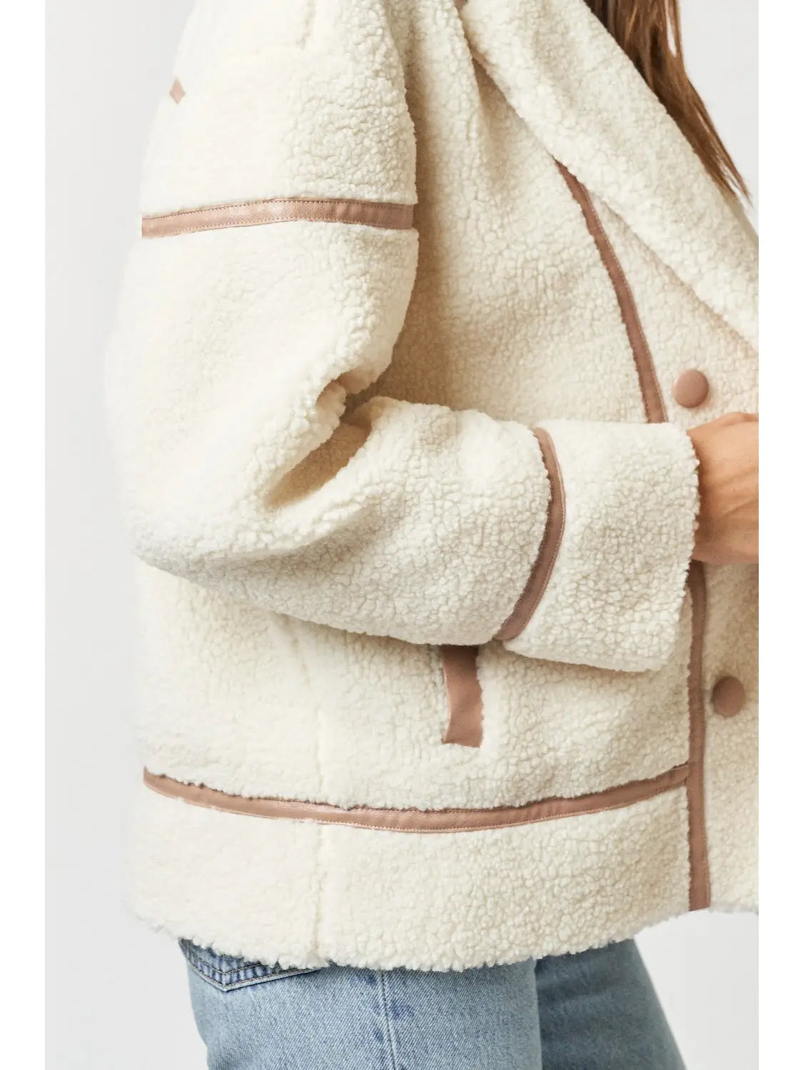 Faux Fur Jacket With Pu Binding Details