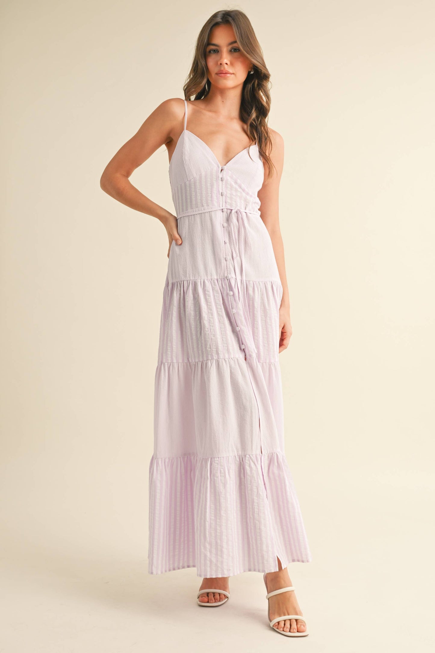Lavender Striped Sleeveless Tiered Maxi Dress