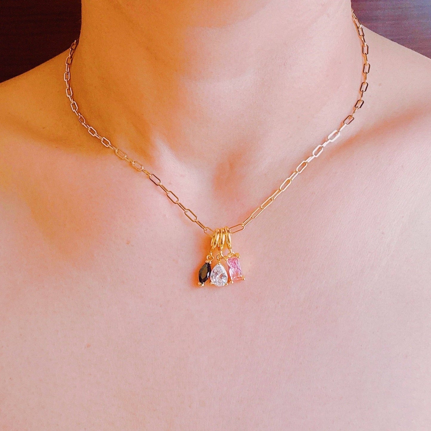 Golden Mix Gem Drop Charm Necklace