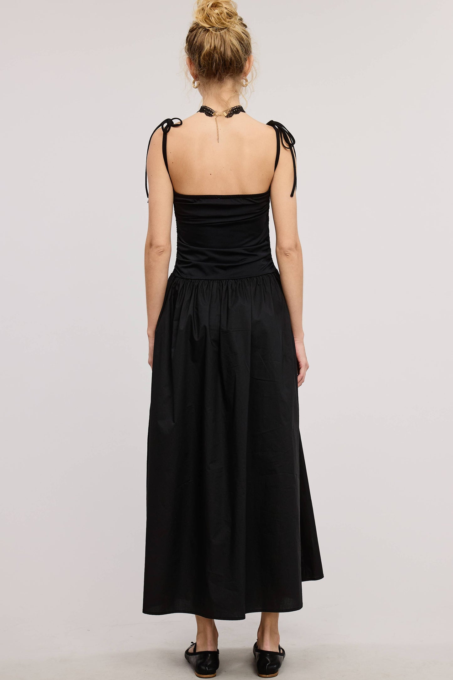 Black Long Ruched Dress With Ribbon Straps