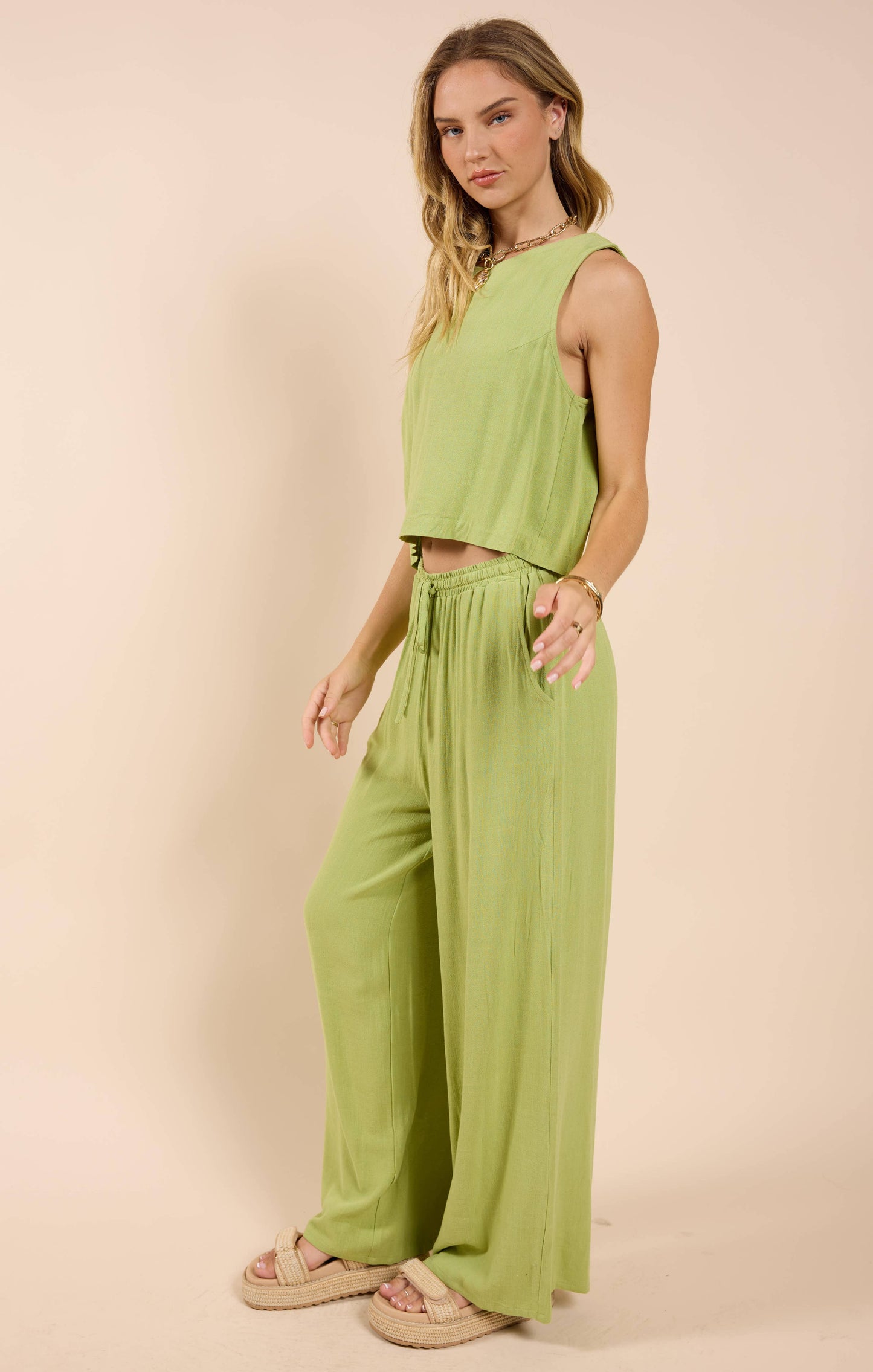 Avocado Linen Tank W Button Up Back