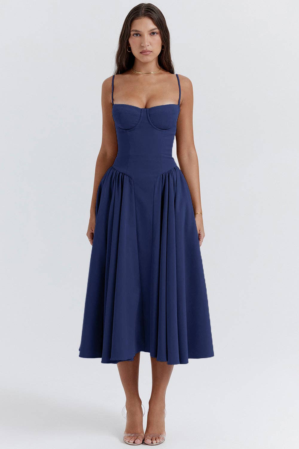 String Shoulder Solid Blue Women's Dress