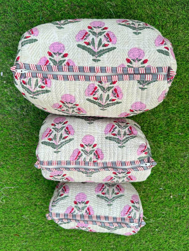White Cotton Quilted Bag Floral Printed Pouches Toiletry Bag