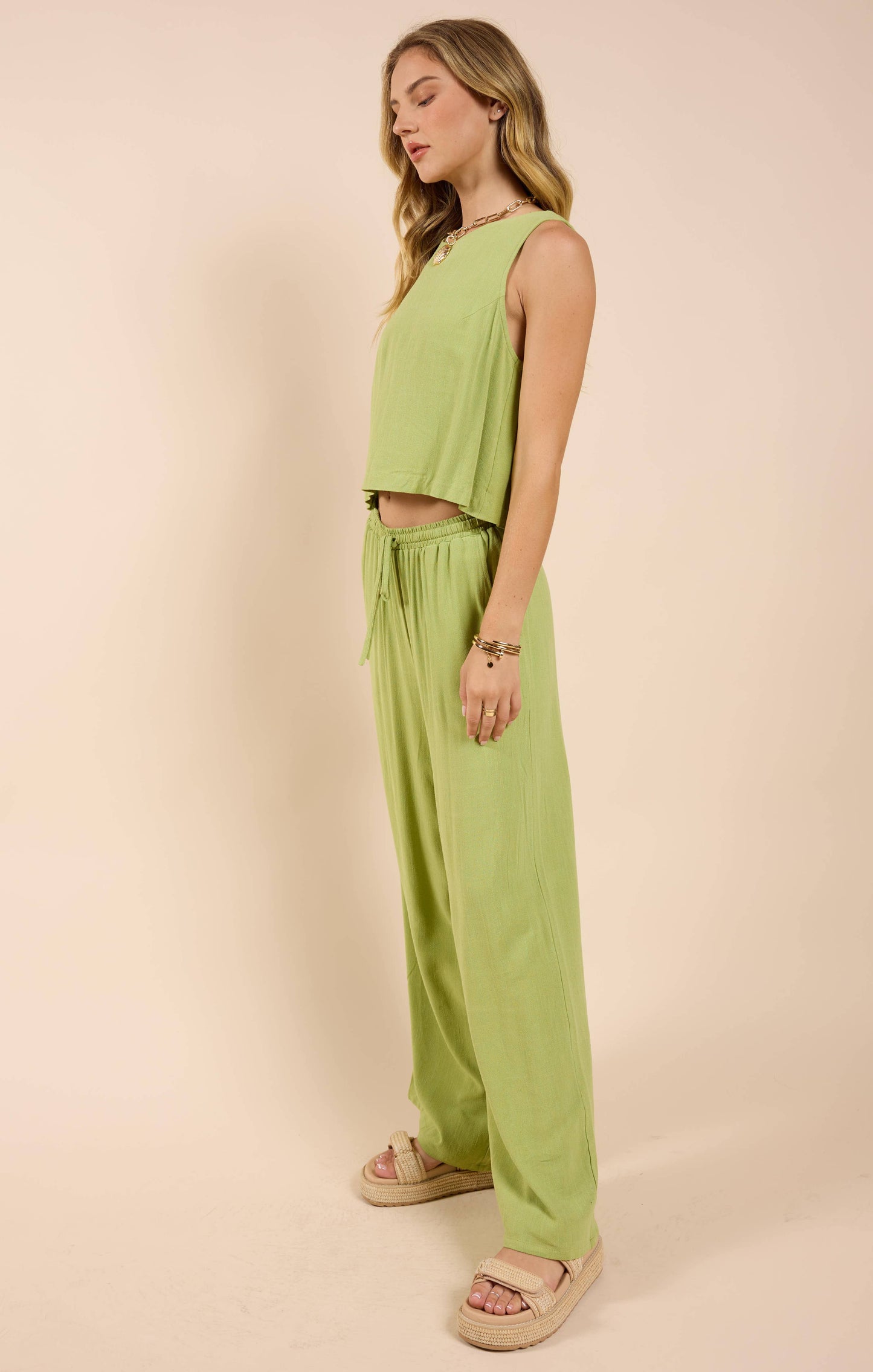 Avocado Linen Tank W Button Up Back