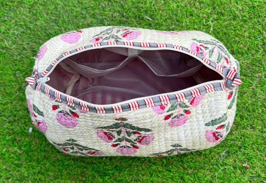 White Cotton Quilted Bag Floral Printed Pouches Toiletry Bag