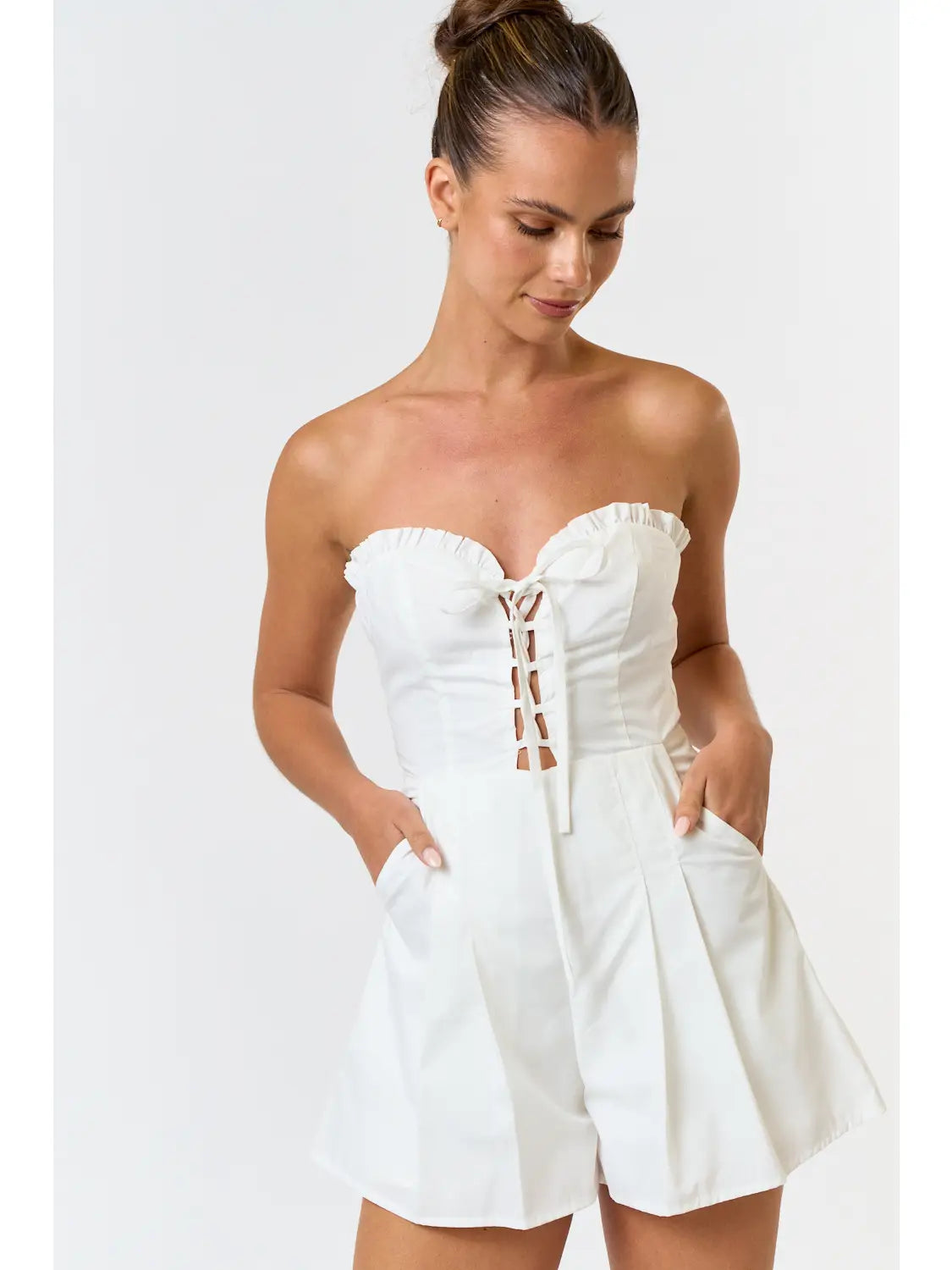 Lace Up Front Pleated Tube Romper White