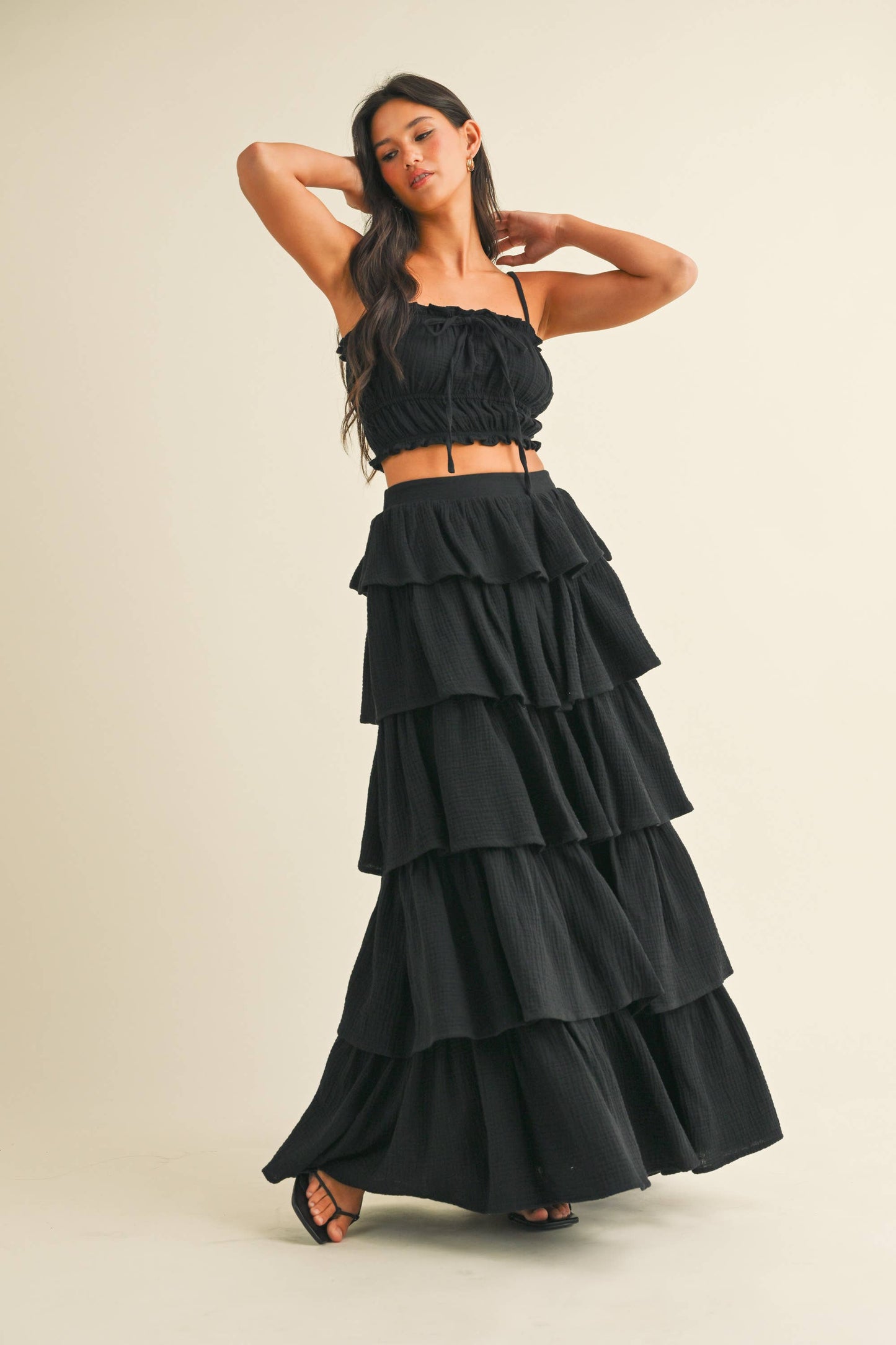 Black Gauze Ruffled Tiered Maxi Skirt