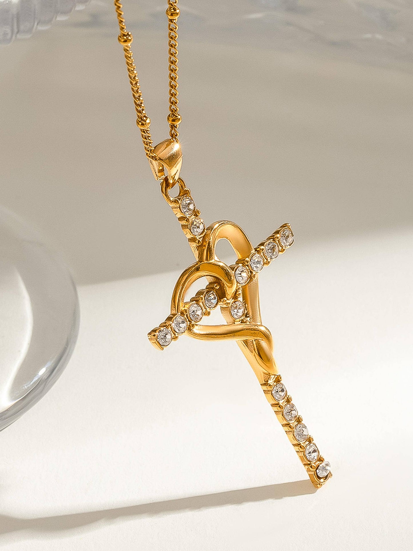 Hermine 18K Gold Non-Tarnish Cross Heart Necklace