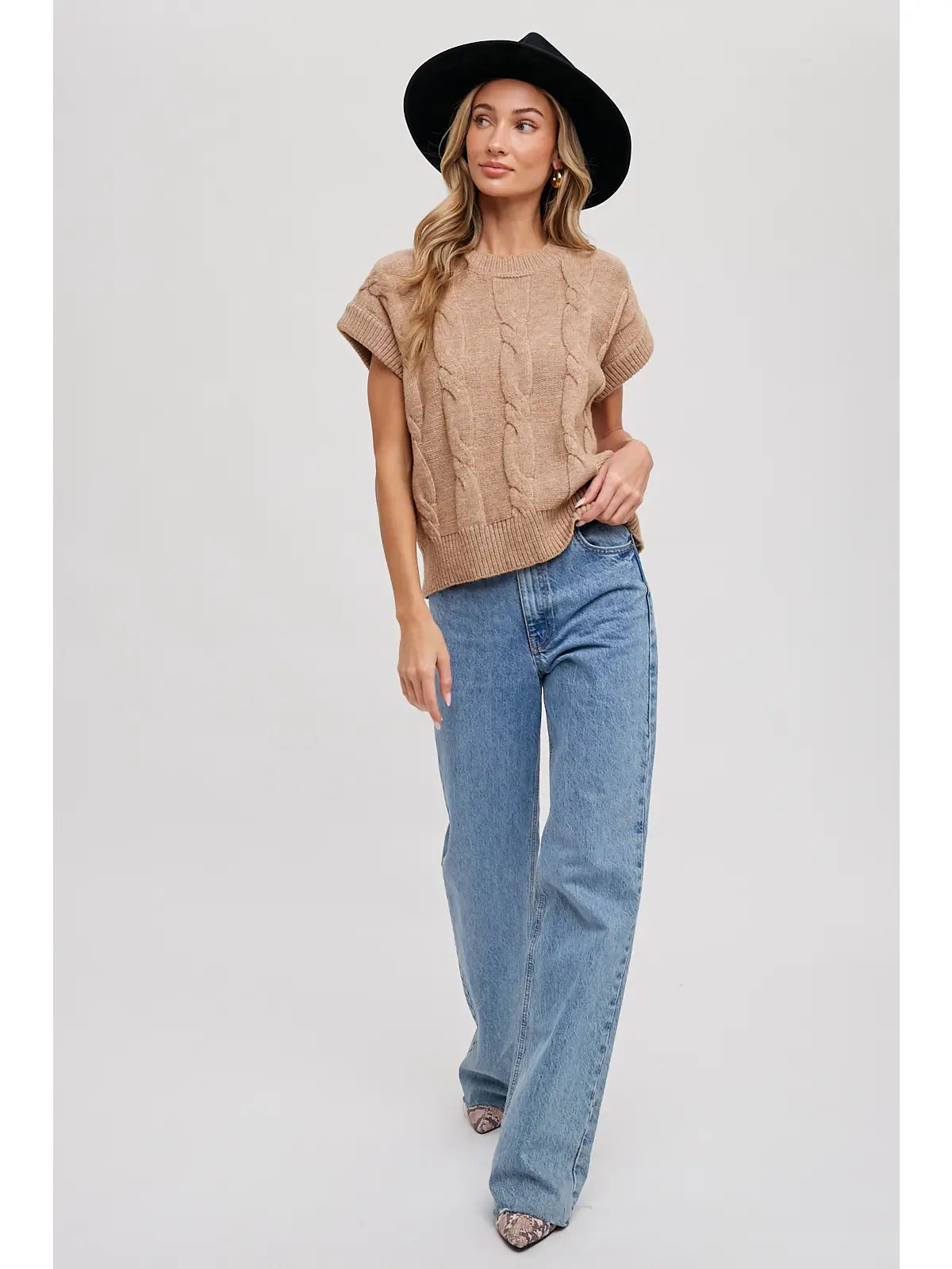 Latte Cable Knit Short Sleeve Sweater