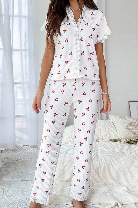 Lace Trim Red Cherry Print Pajama