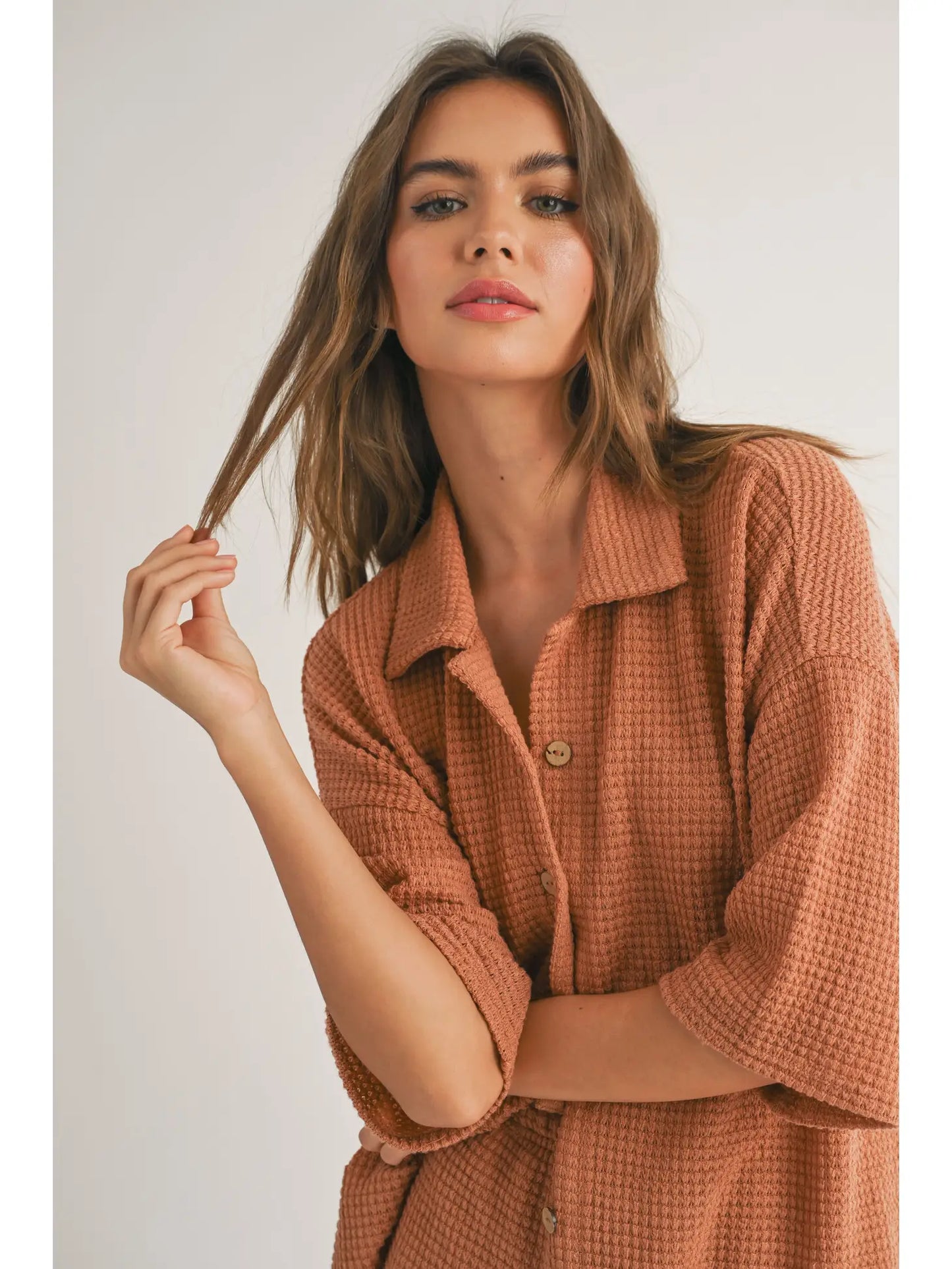 Waffled Fabric Buttondown Knitted Shirts