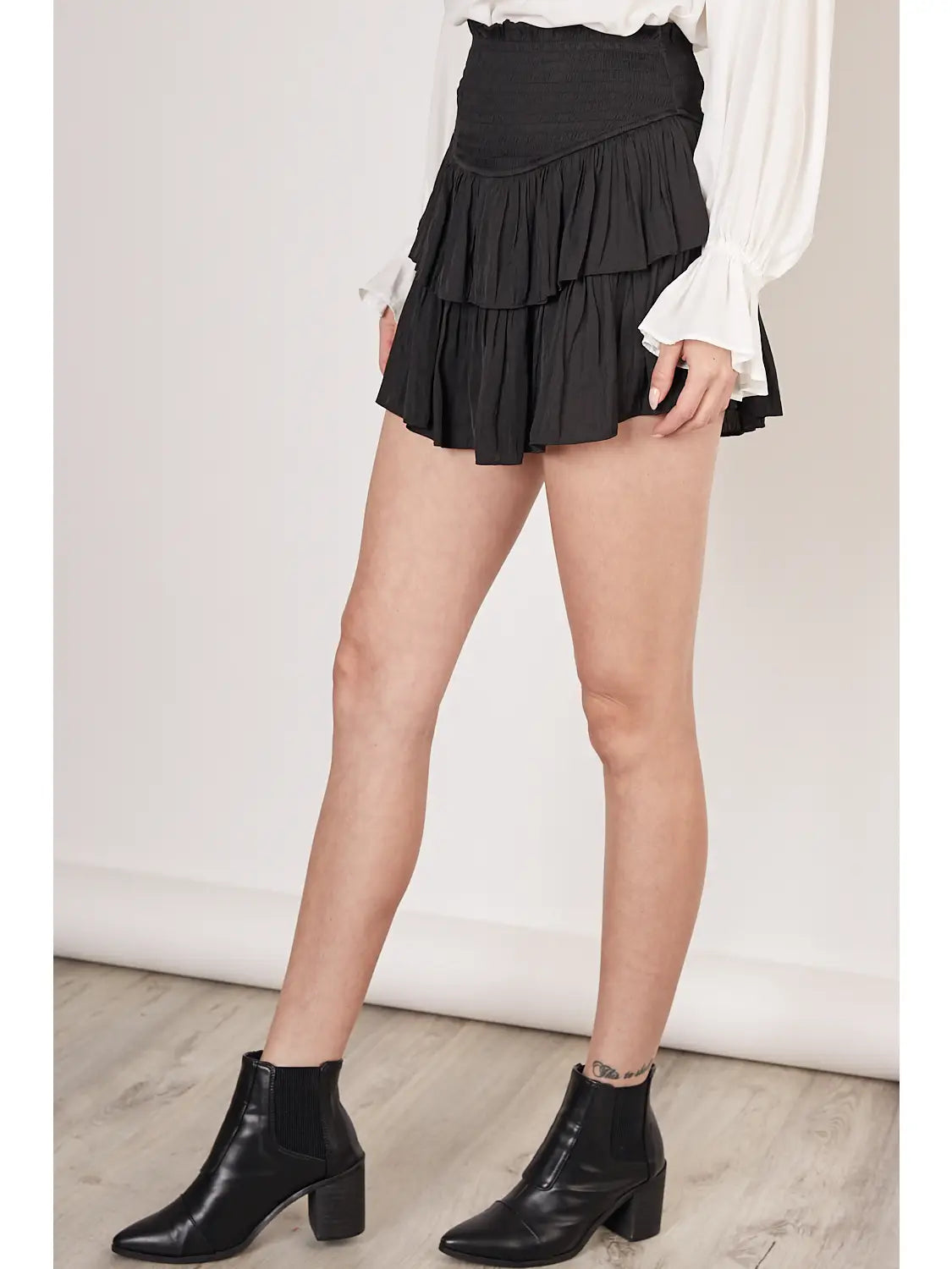 Black Smocked Ruffle Skirt With Shorts - MS