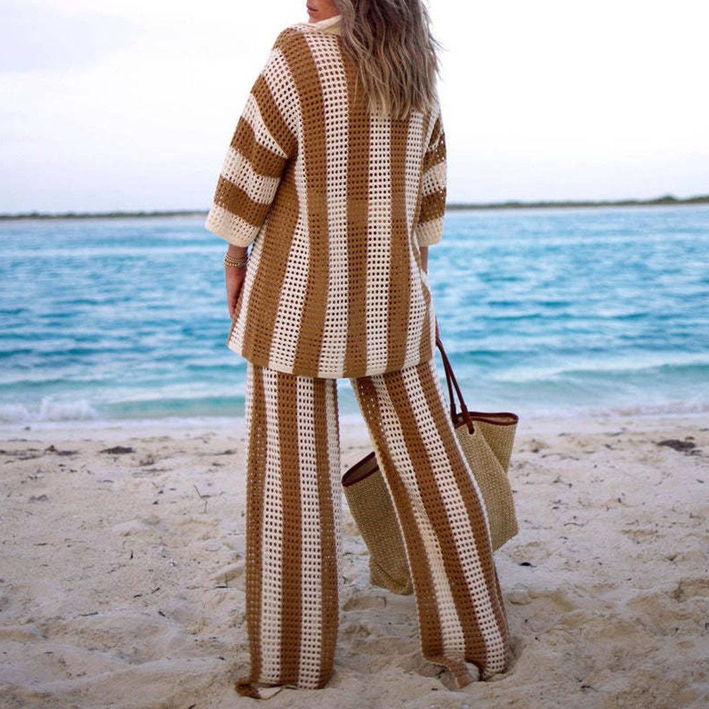 Cover Up Button-Up Tops with Pants Crochet Set