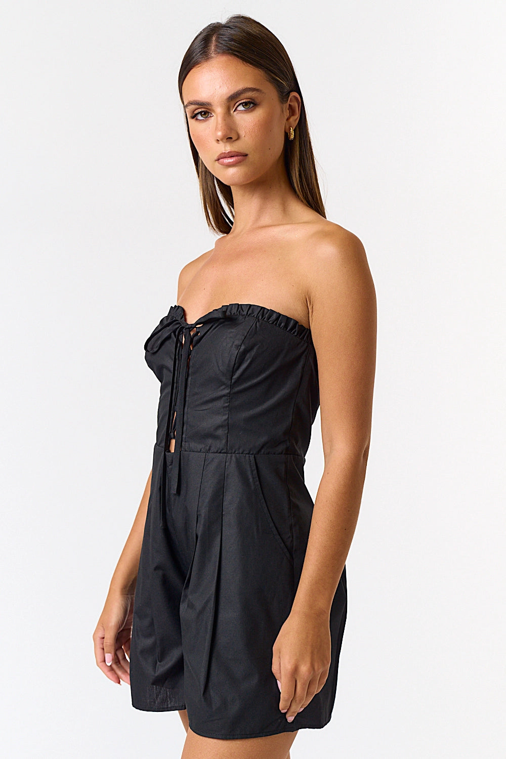 Lace Up Front Pleated Tube Romper Black