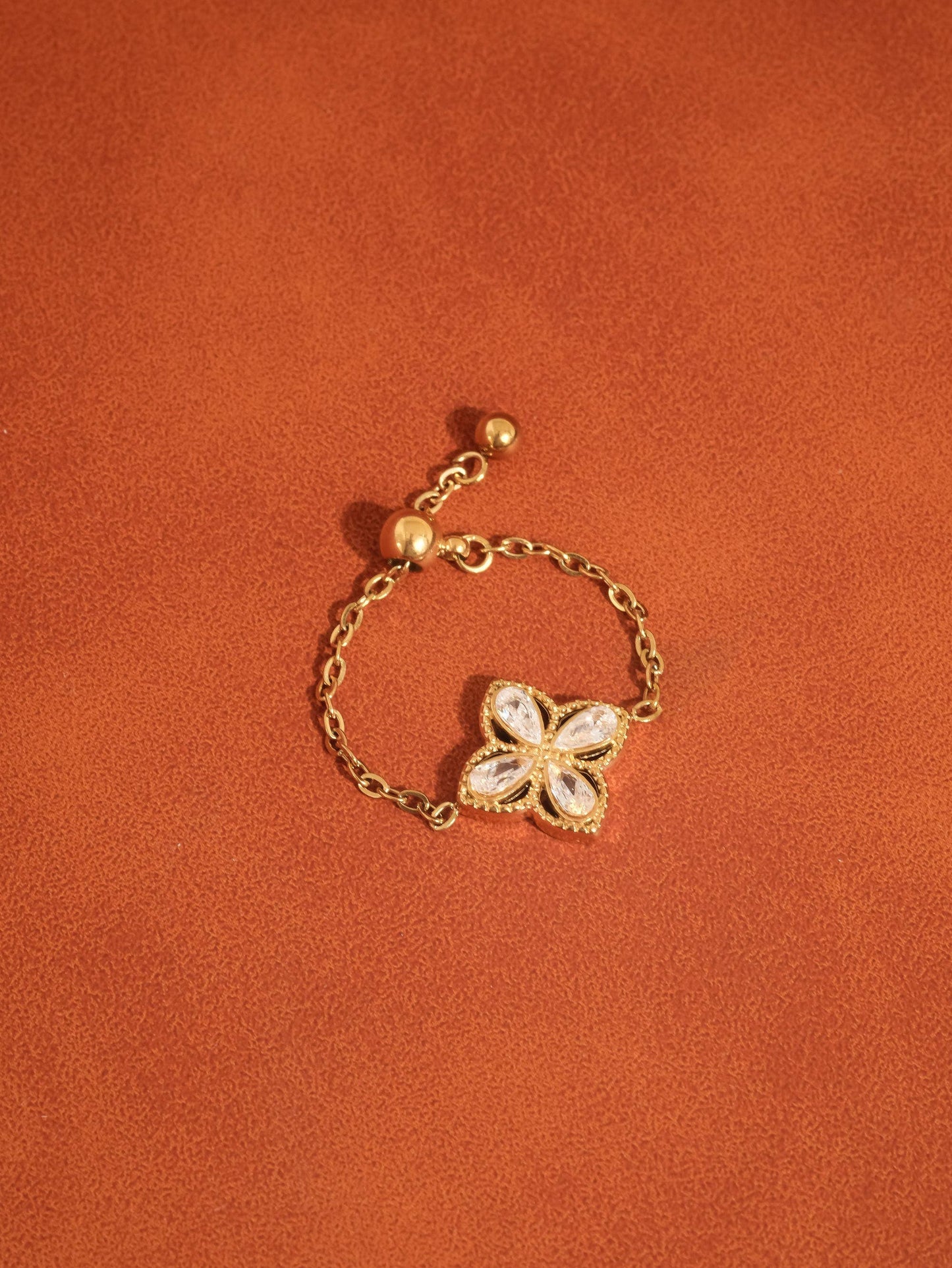 Lelandi 18K Gold Non-Tarnish CZ Floral Adjustable Chain Ring