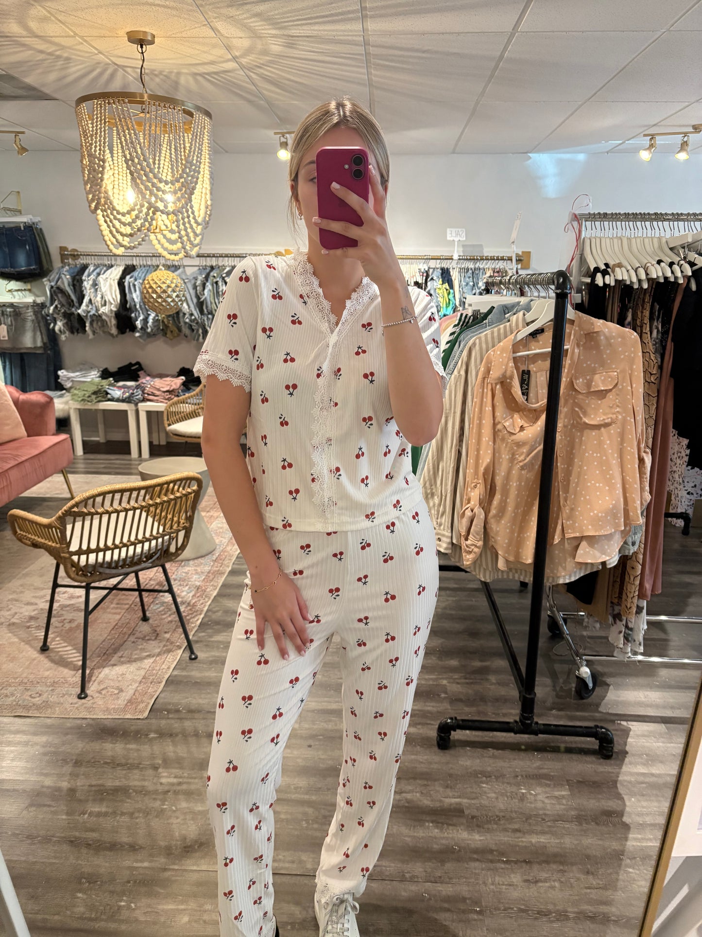 Lace Trim Red Cherry Print Pajama