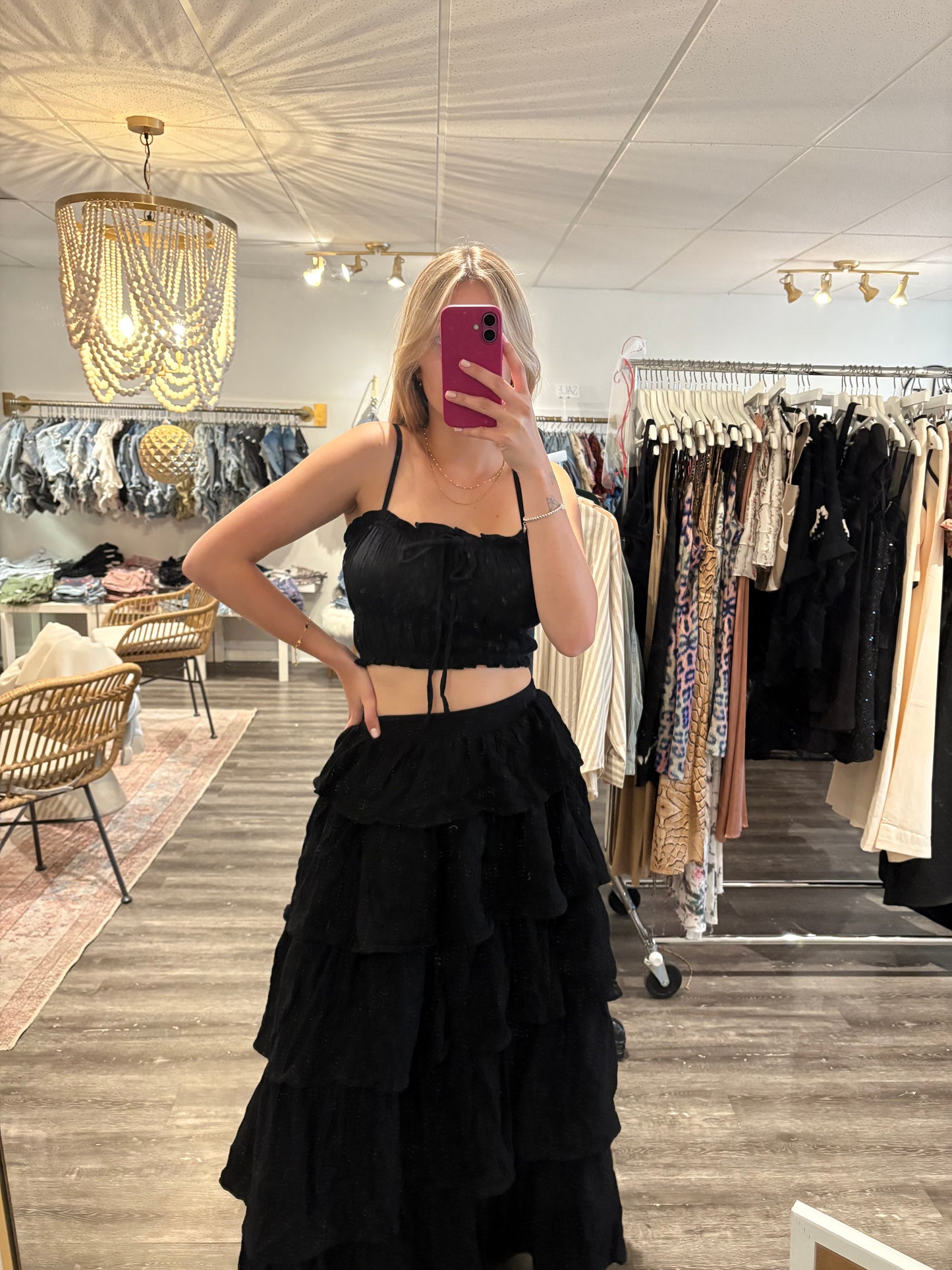 Black Gauze Ruffled Tiered Maxi Skirt