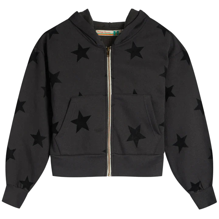 Black Flocked Allover Star Cropped Zip Hoodie (Tweens) VH