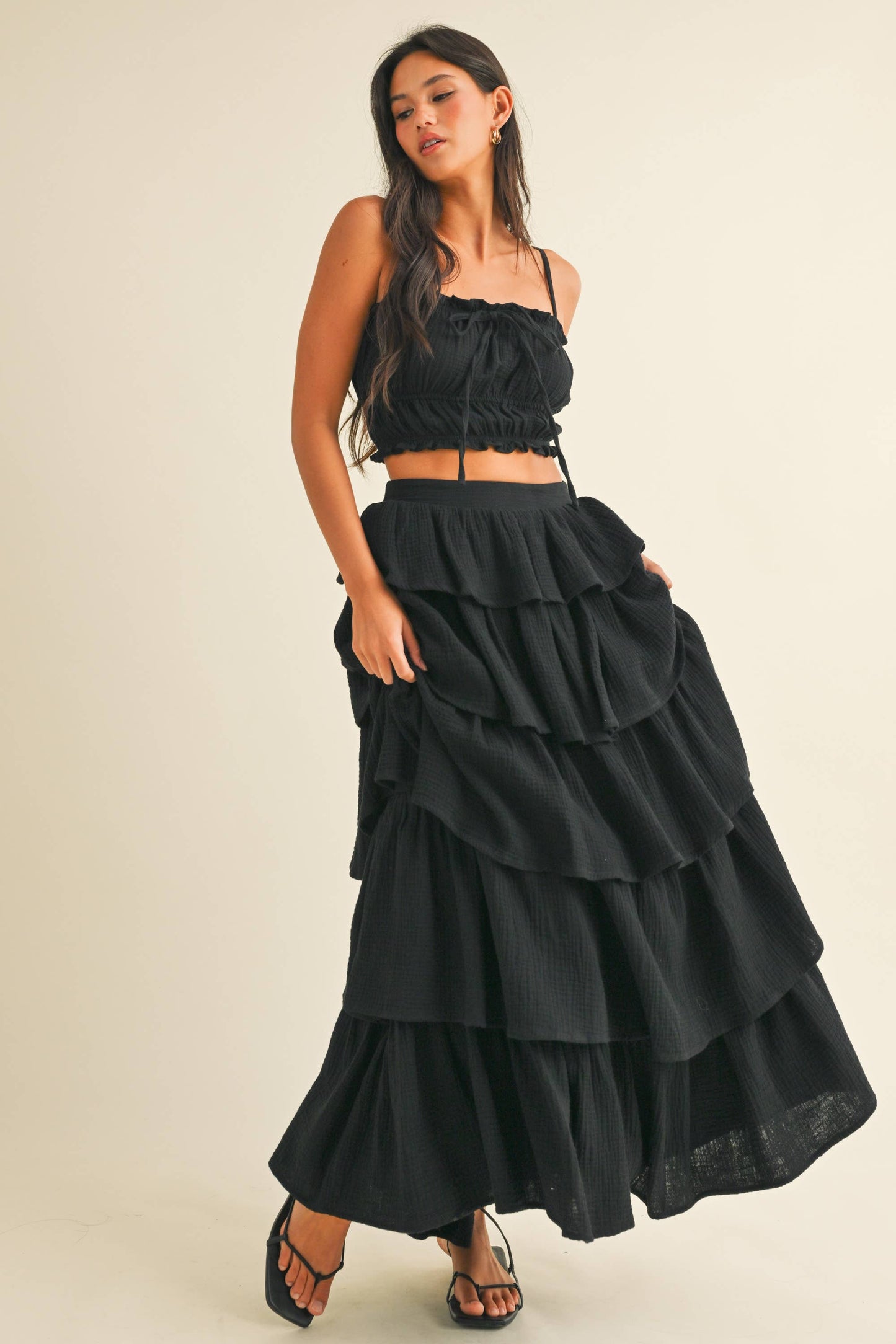 Black Gauze Ruffled Tiered Maxi Skirt