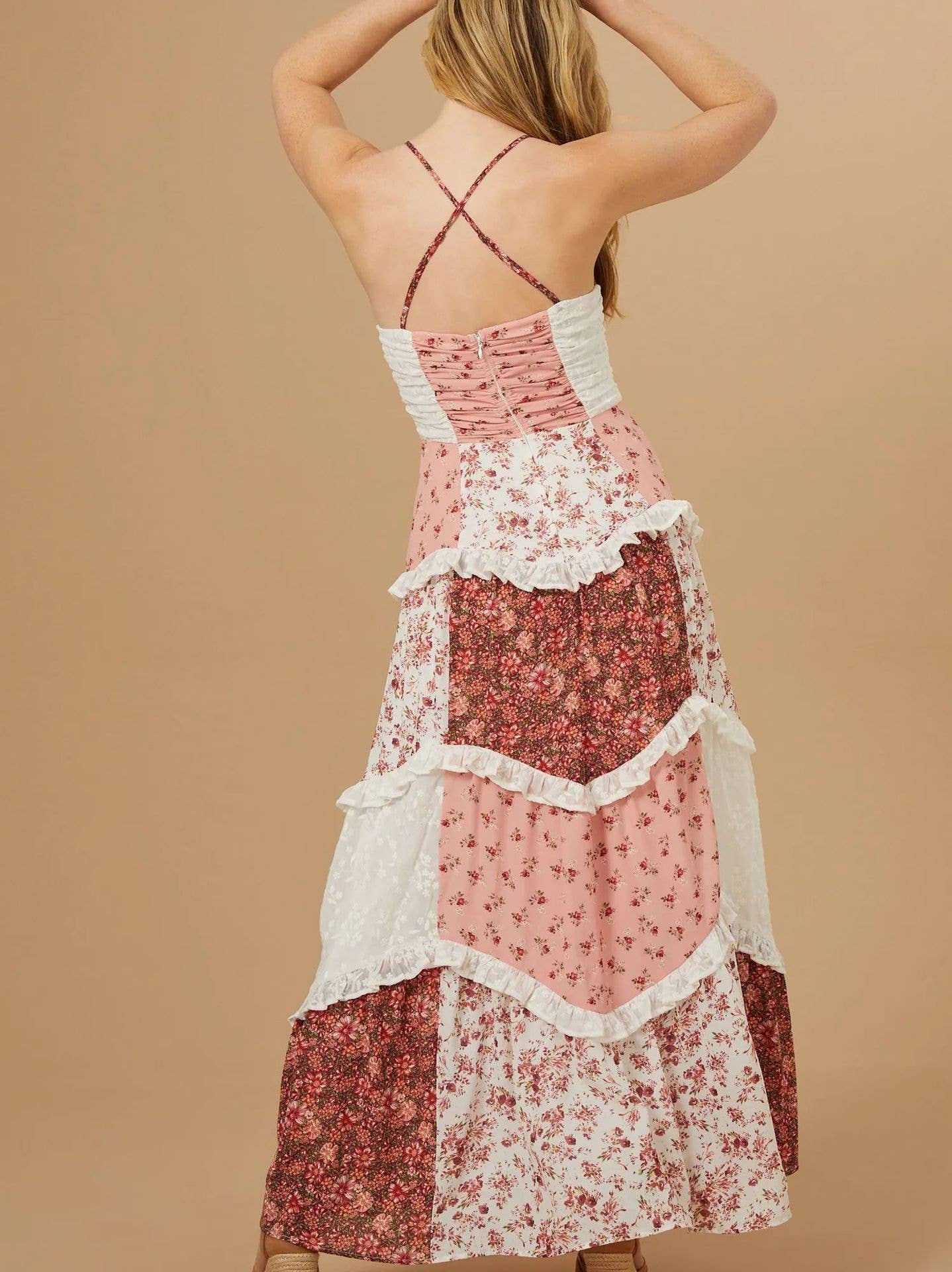 Cottagecore Patchwork Tiered Floral Maxi Dress