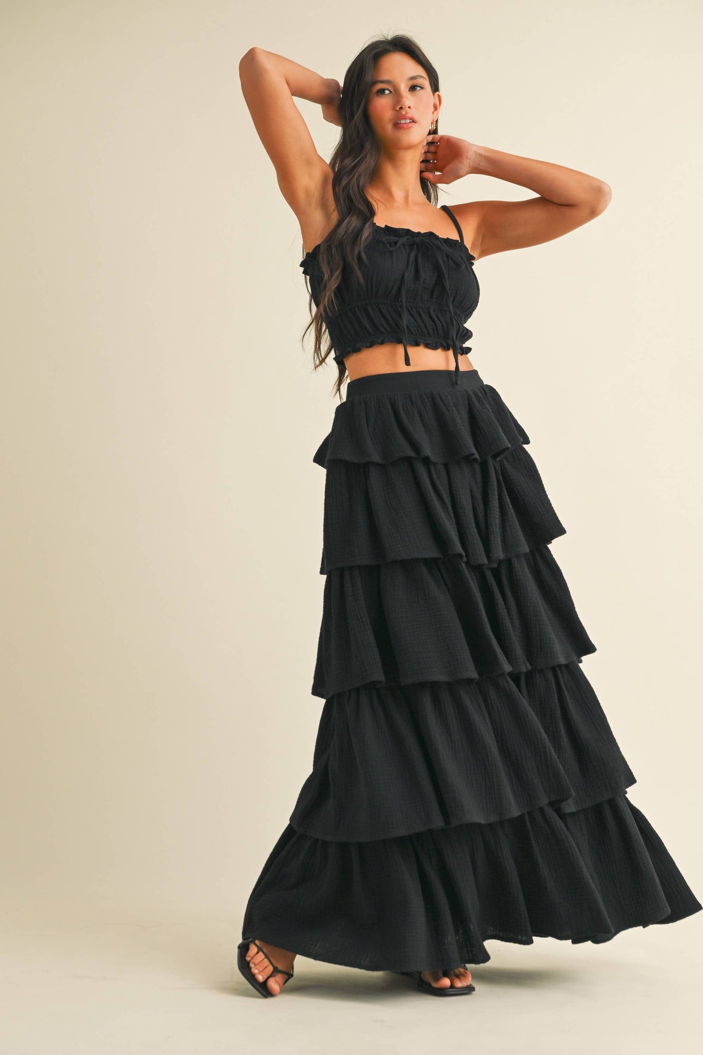 Black Gauze Ruffled Tiered Maxi Skirt