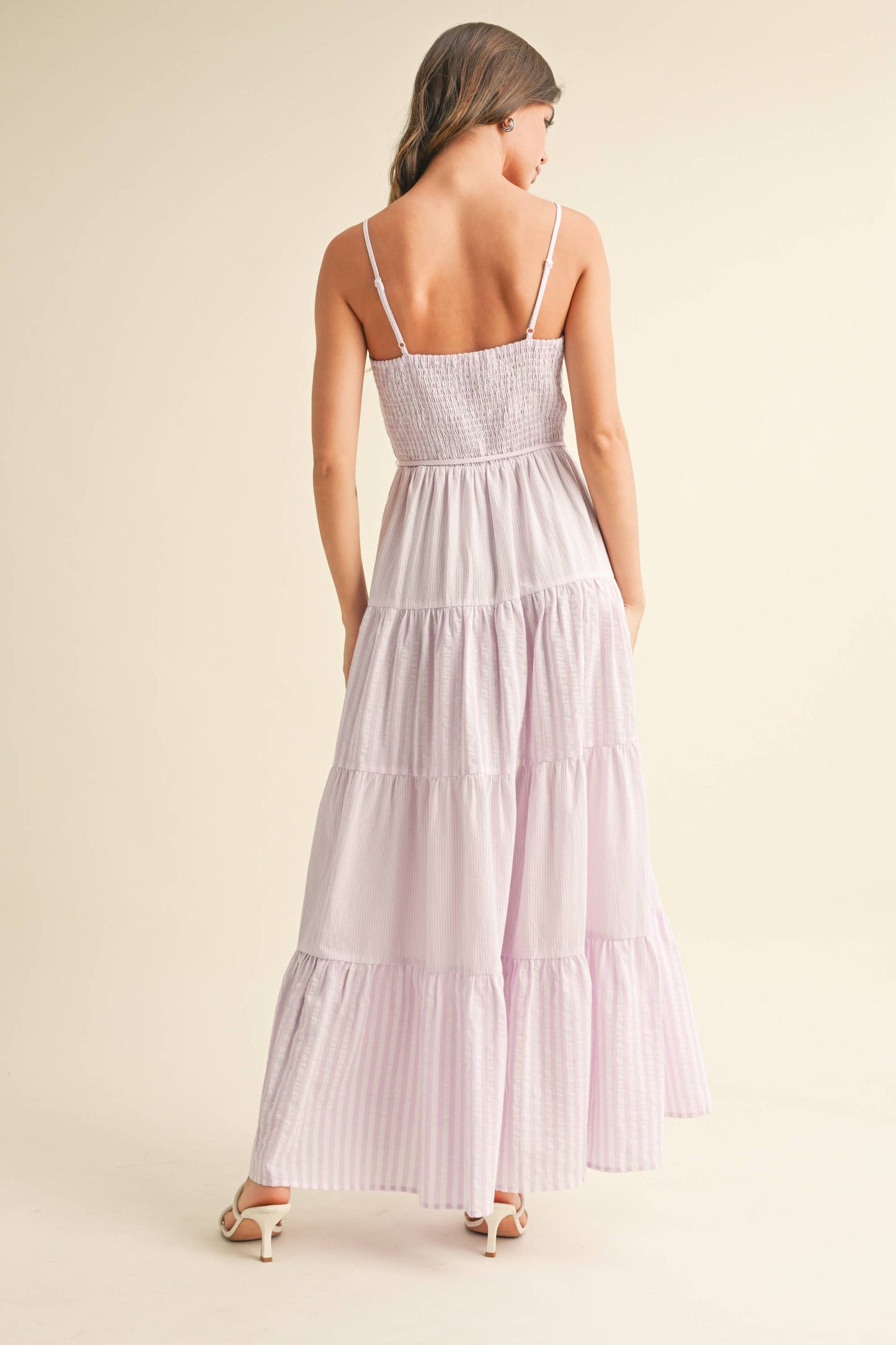 Lavender Striped Sleeveless Tiered Maxi Dress