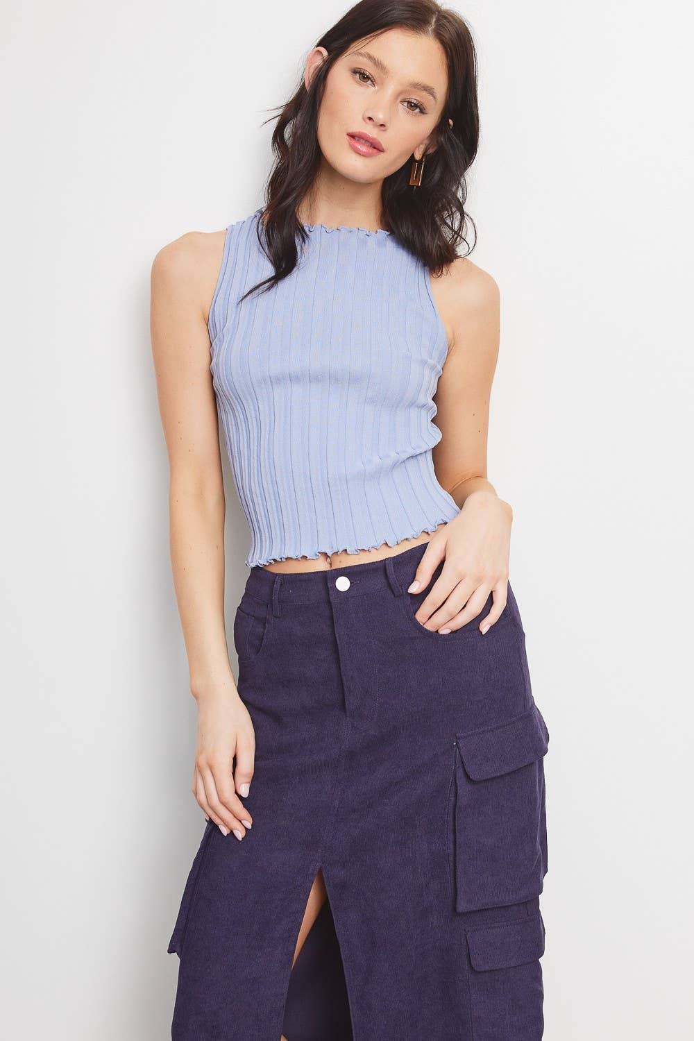 Lettuce Trim Ribbed Knit Sleeveless Top