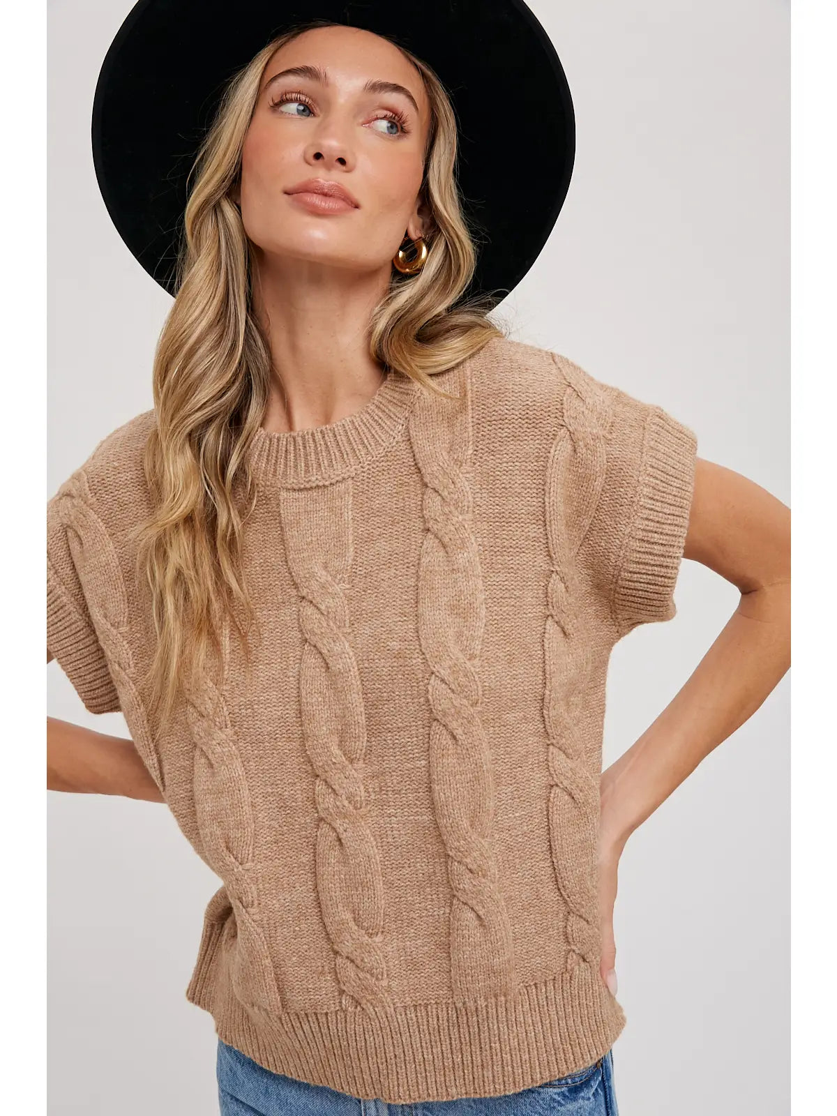 Latte Cable Knit Short Sleeve Sweater